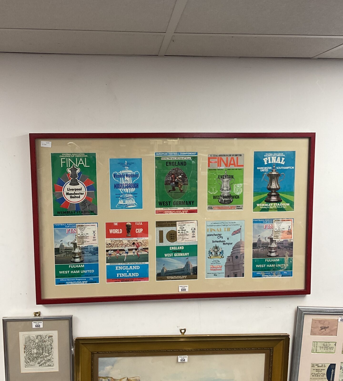Set of framed 1970s football programmes including Wycombe wanderers & Liverpool