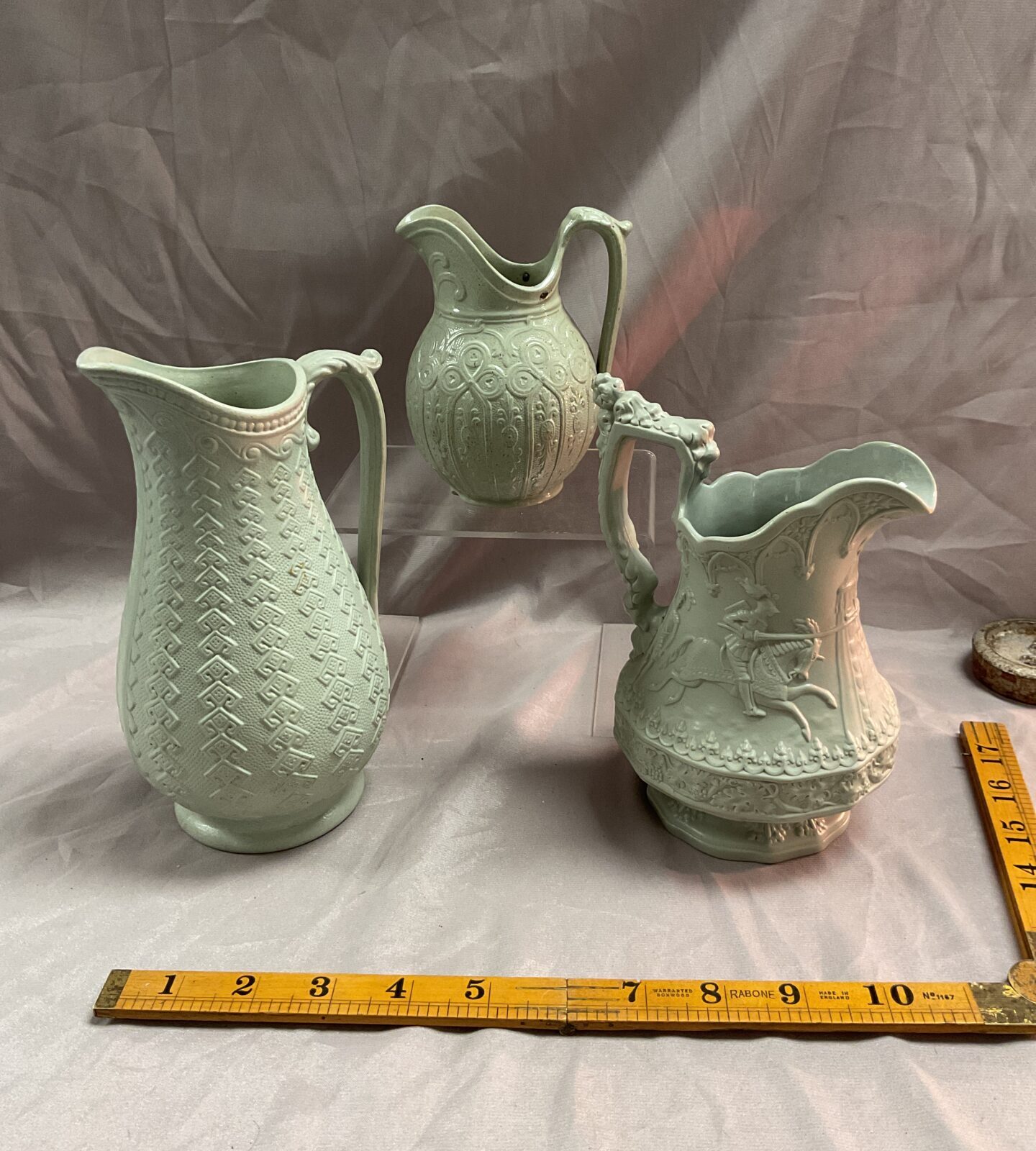 Three 18c Saltglaze Jugs Inc Dudson Argyle,Ridgeway and small Jug