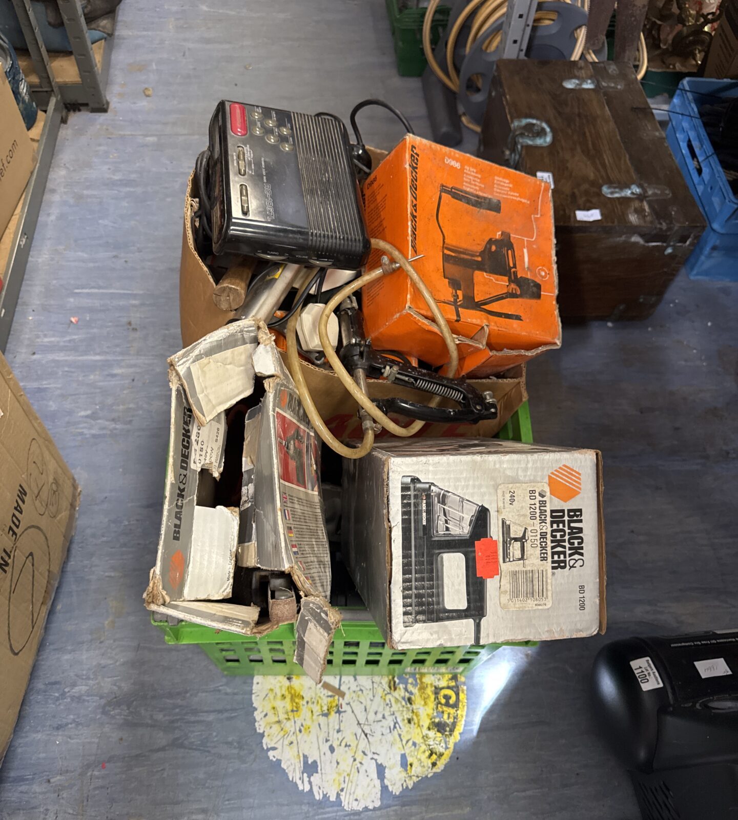 Large crate of mixed shed clearance items inc power tools & others