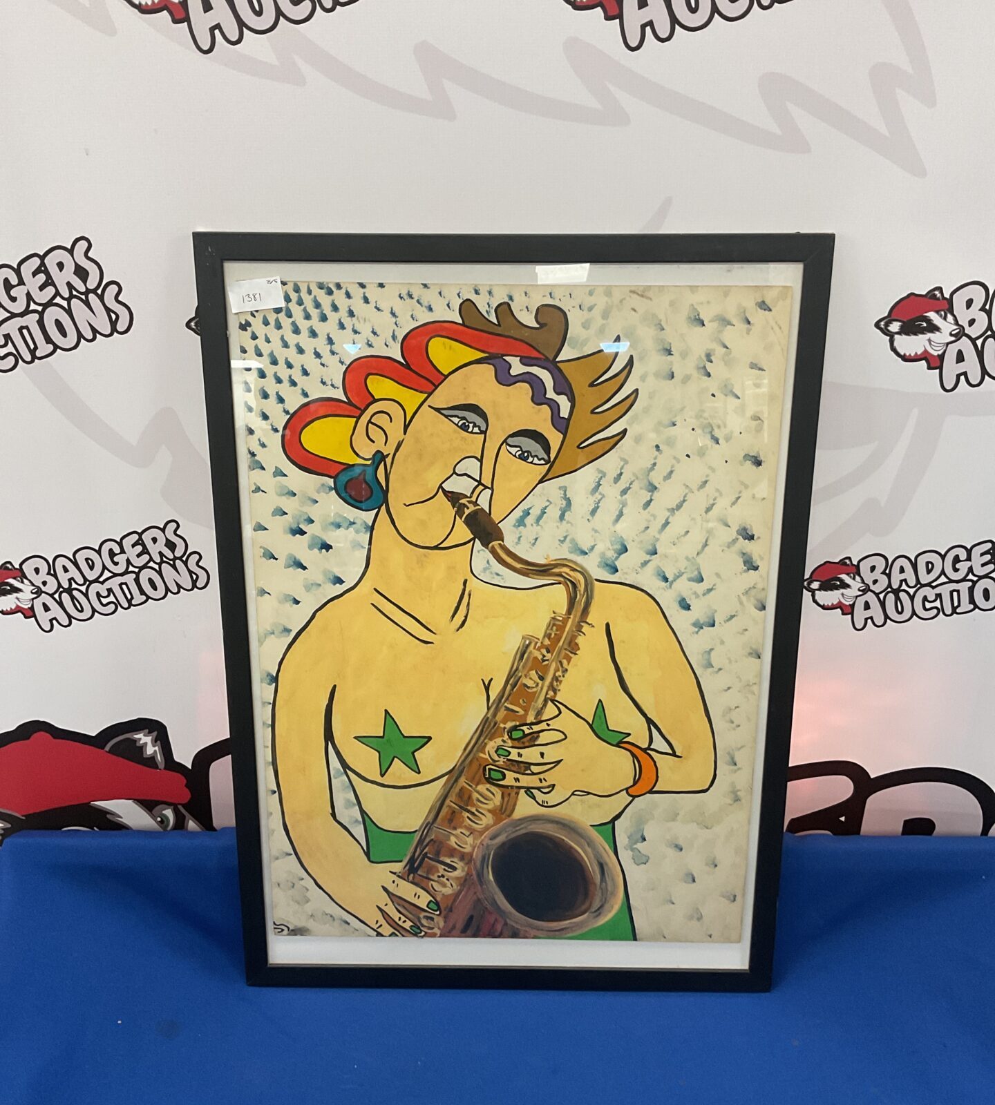 Signed Framed watercolour portrait of a 1960s girl saxophonist