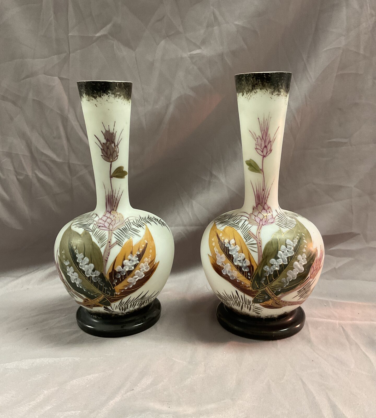 Antique Pair of hand decorated Victorian milk glass 10” vases