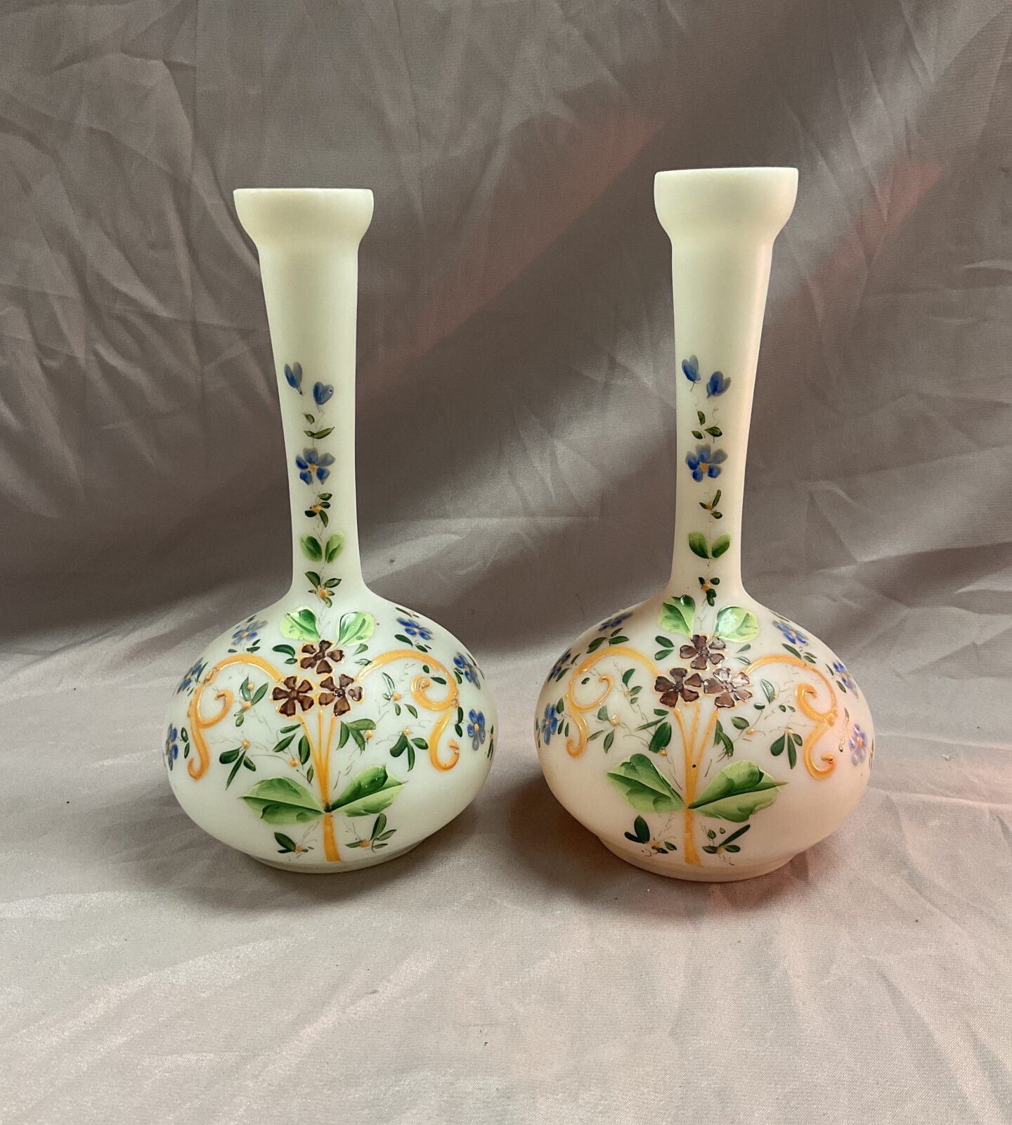 Pair of 19c Enamelled Opaline 8” Vases Napoleon Ill  Soliflore