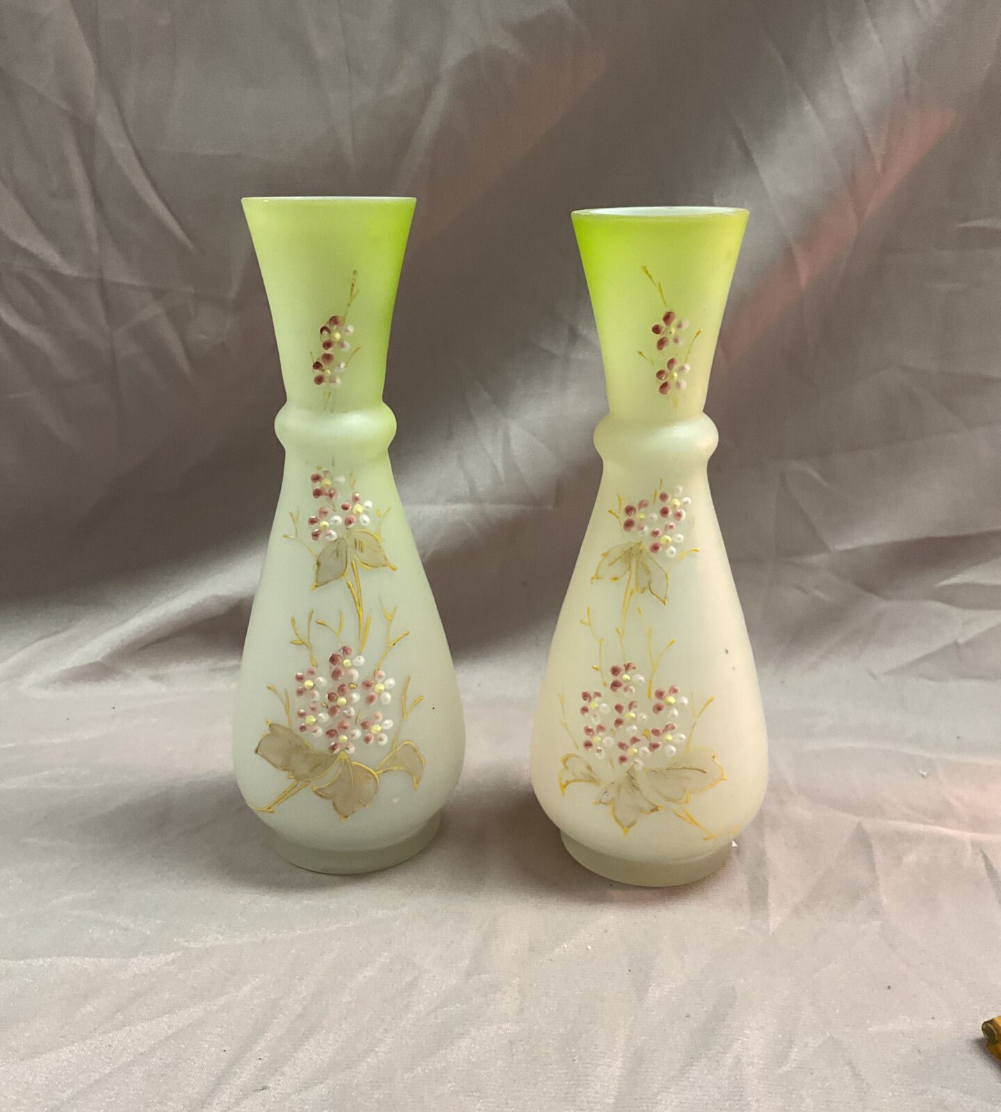 Pair of 19c Enamelled Opaque Glass 8”  Vases