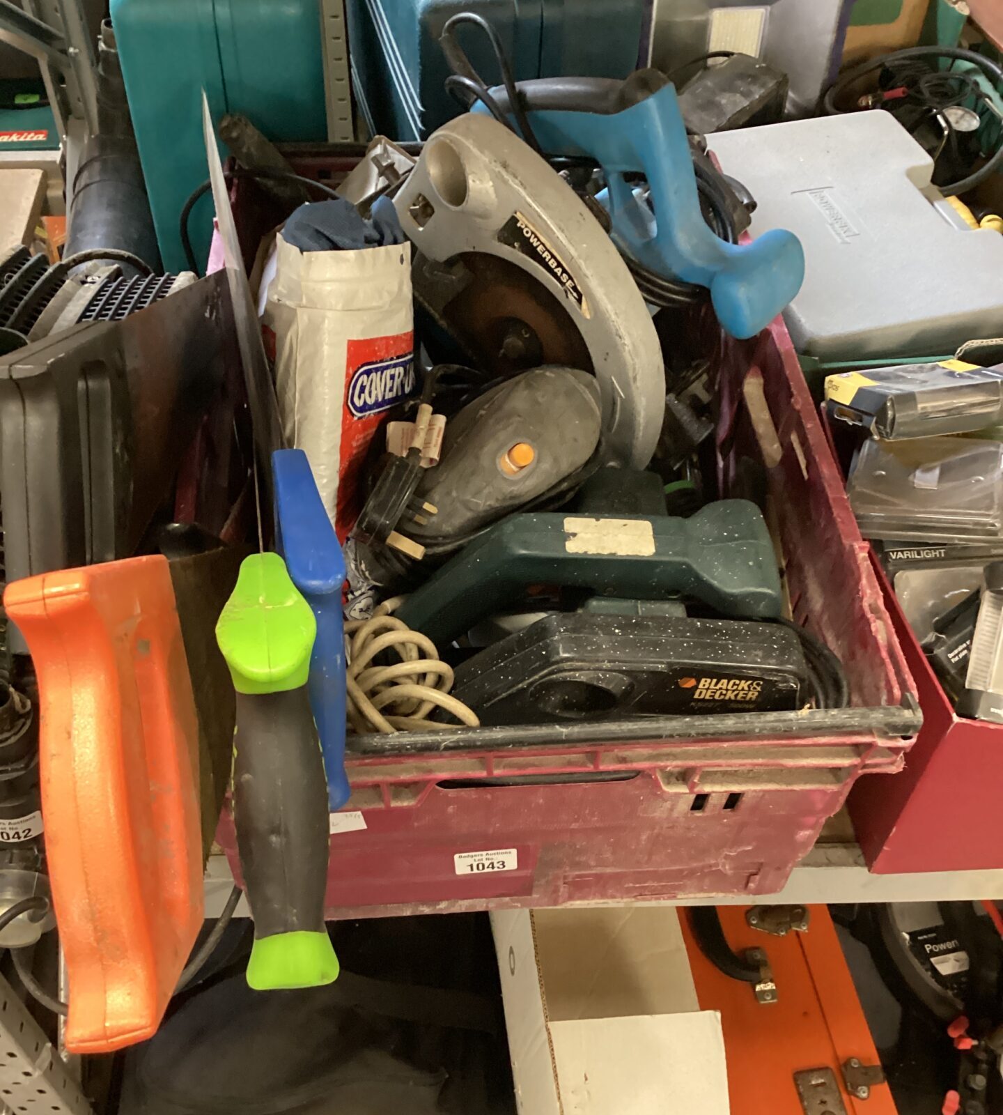 Box of mixed tools & saws & powerbase circular saw
