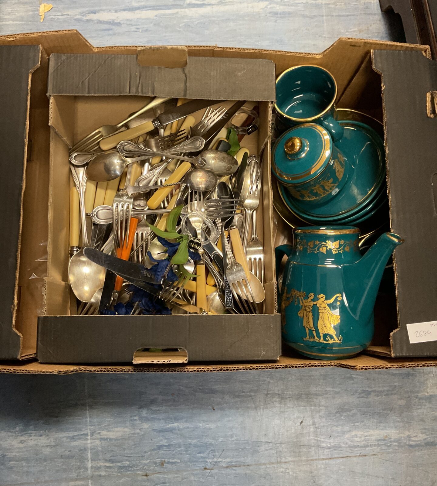 Box of mixed cutlery and terra china