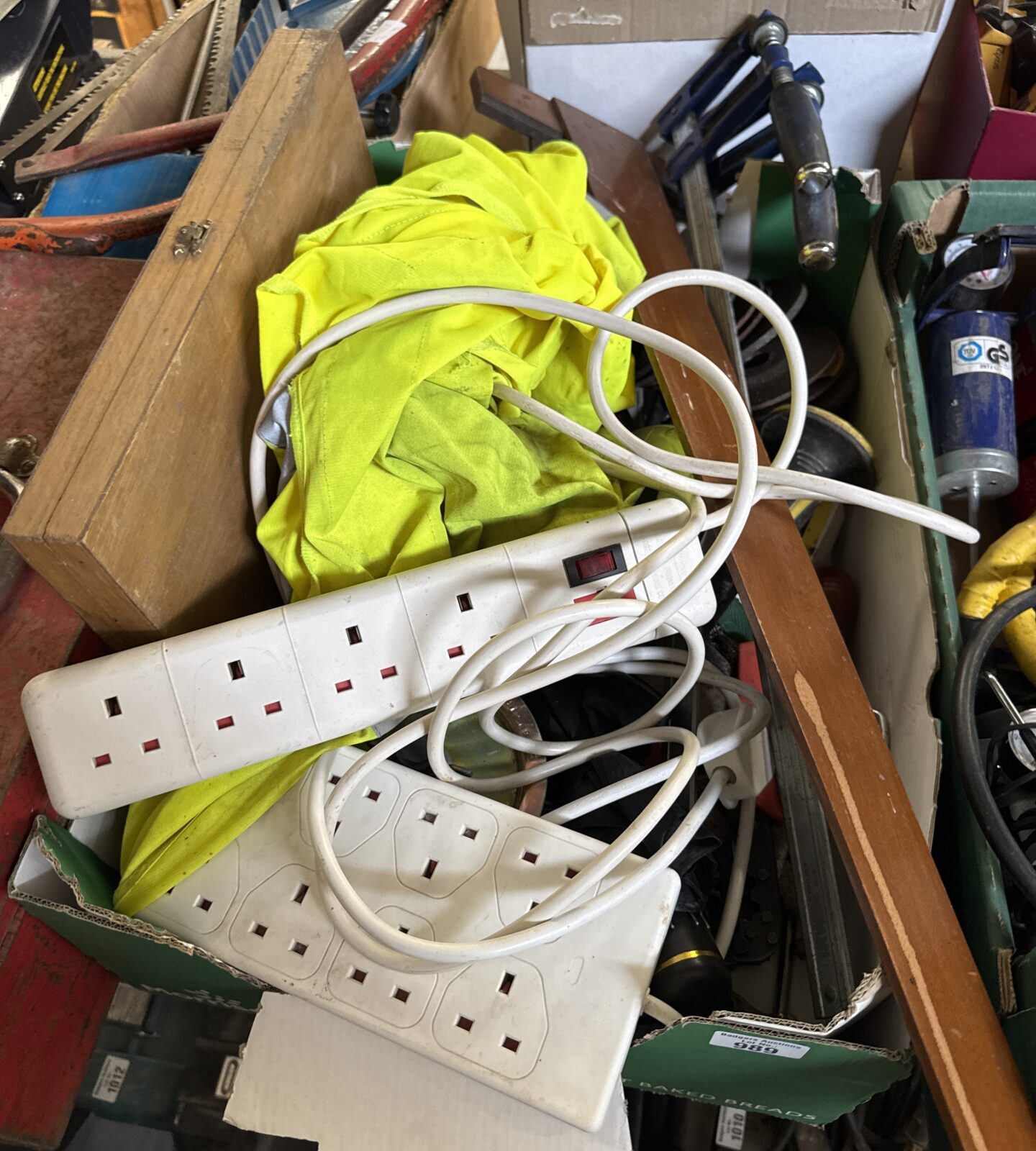 Box of house clearance items inc power adapters & others