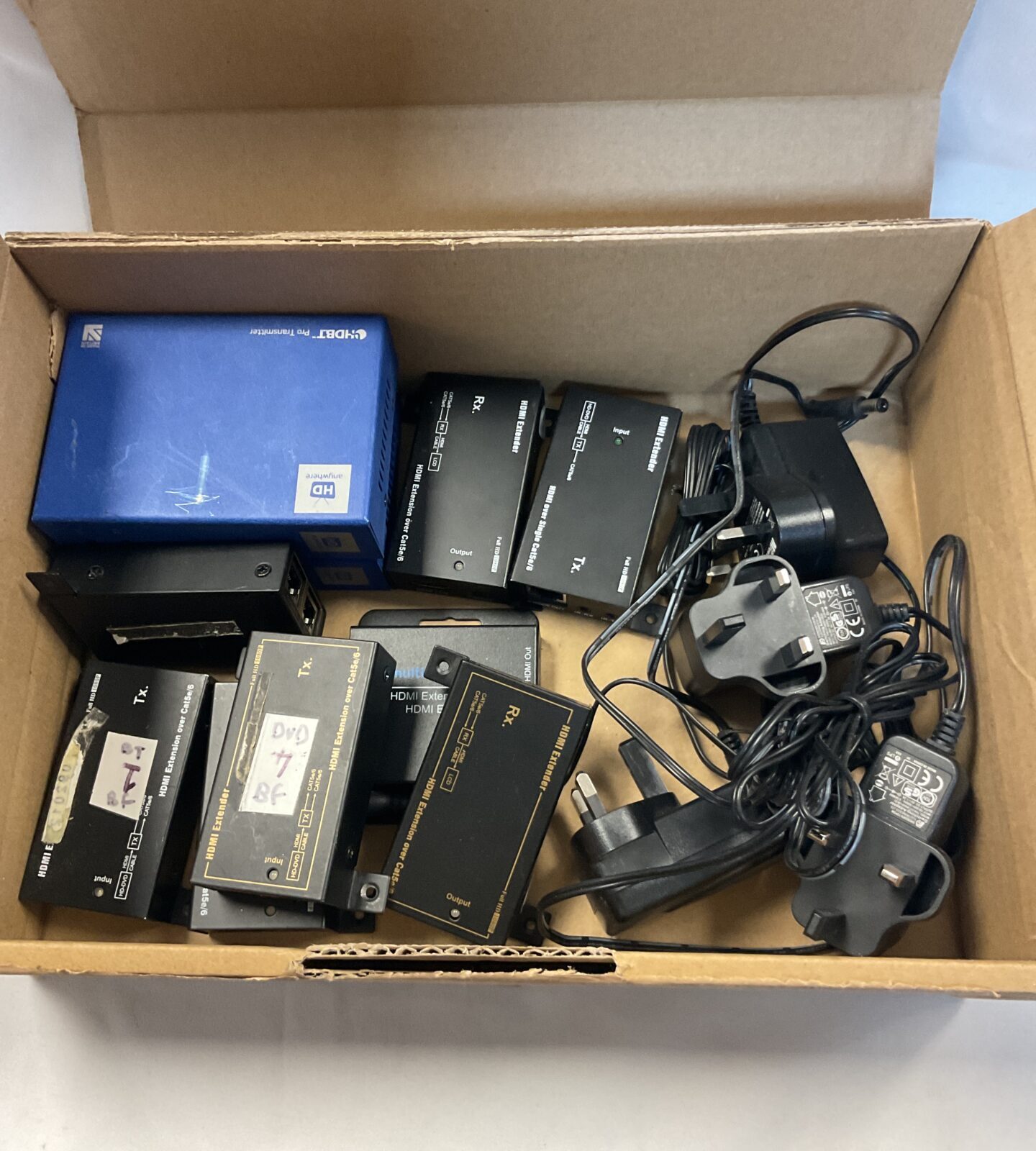 Box of hdmi extenders with power supplies