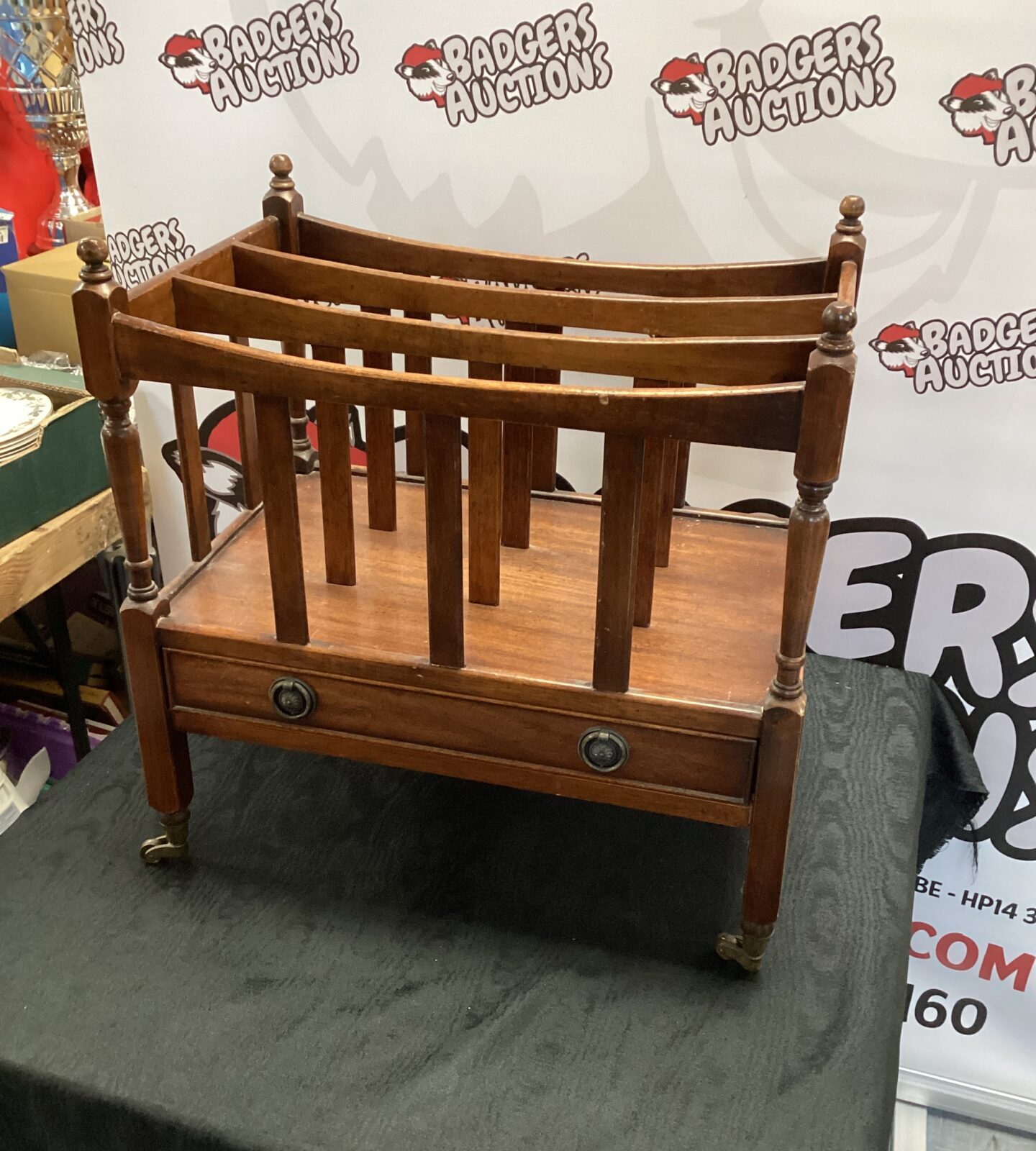 Vintage Mahogany Canterbury Newspaper Rack with drawer and Wheels