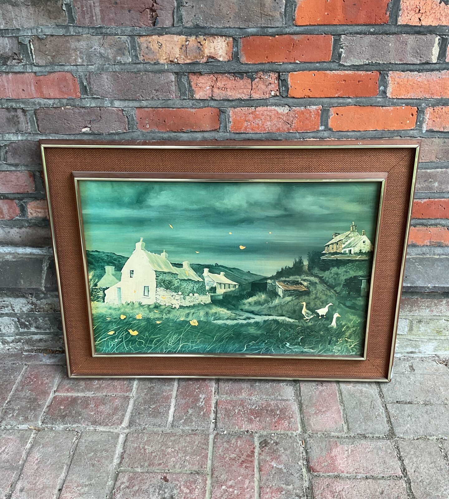 Large vintage john rogers framed print of a farmhouse night with ducks