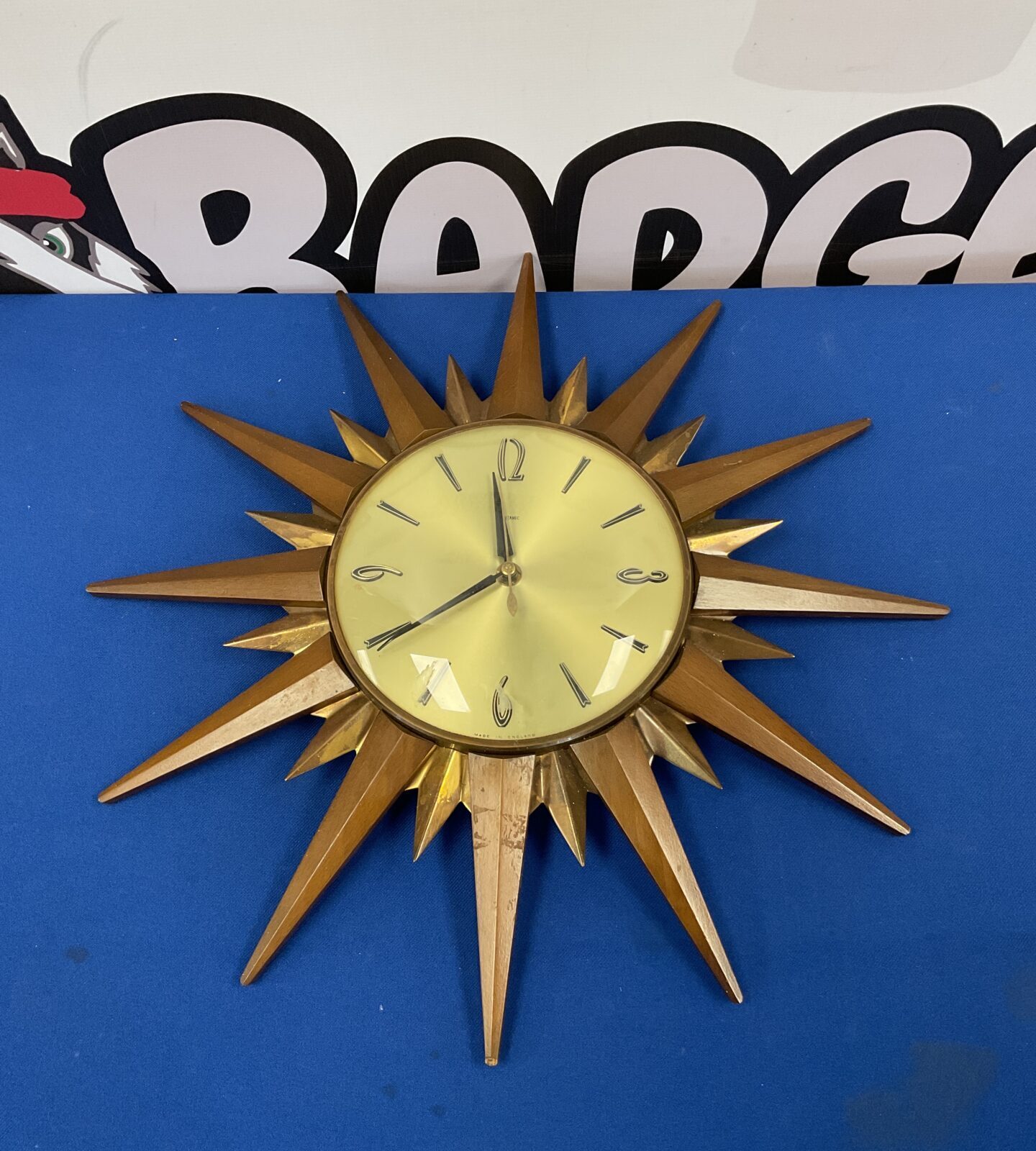 Vintage metamec wooden & brass sunburst wall clock