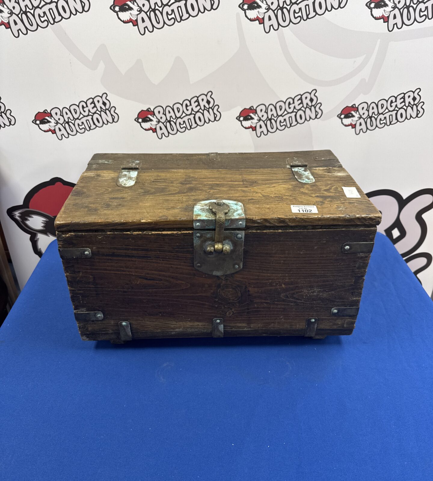 Antique wooden storage box with brass clasp & hinges 18.75” length