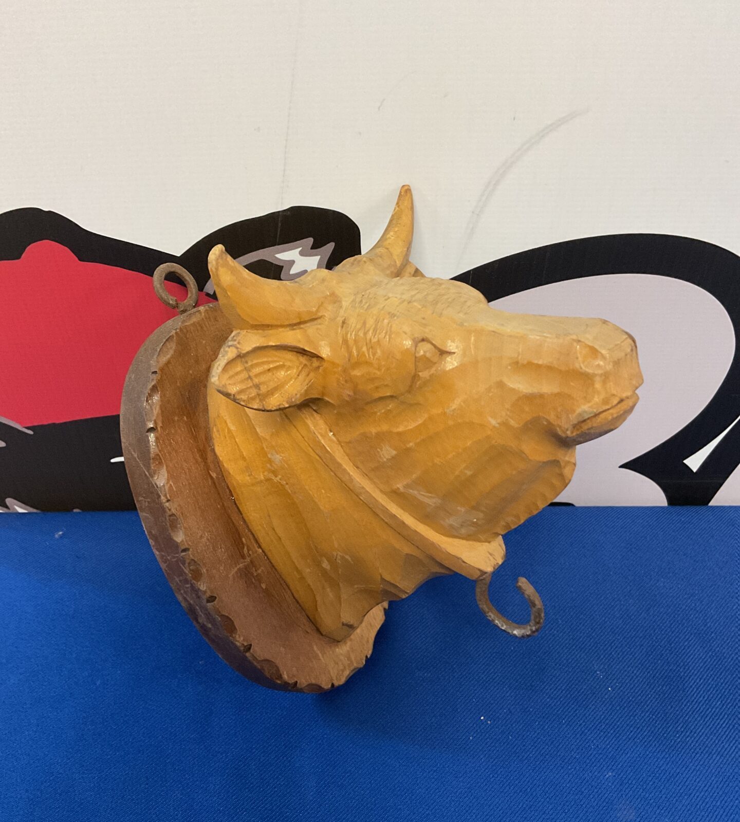 Mid century german carved wooden bull bell hook