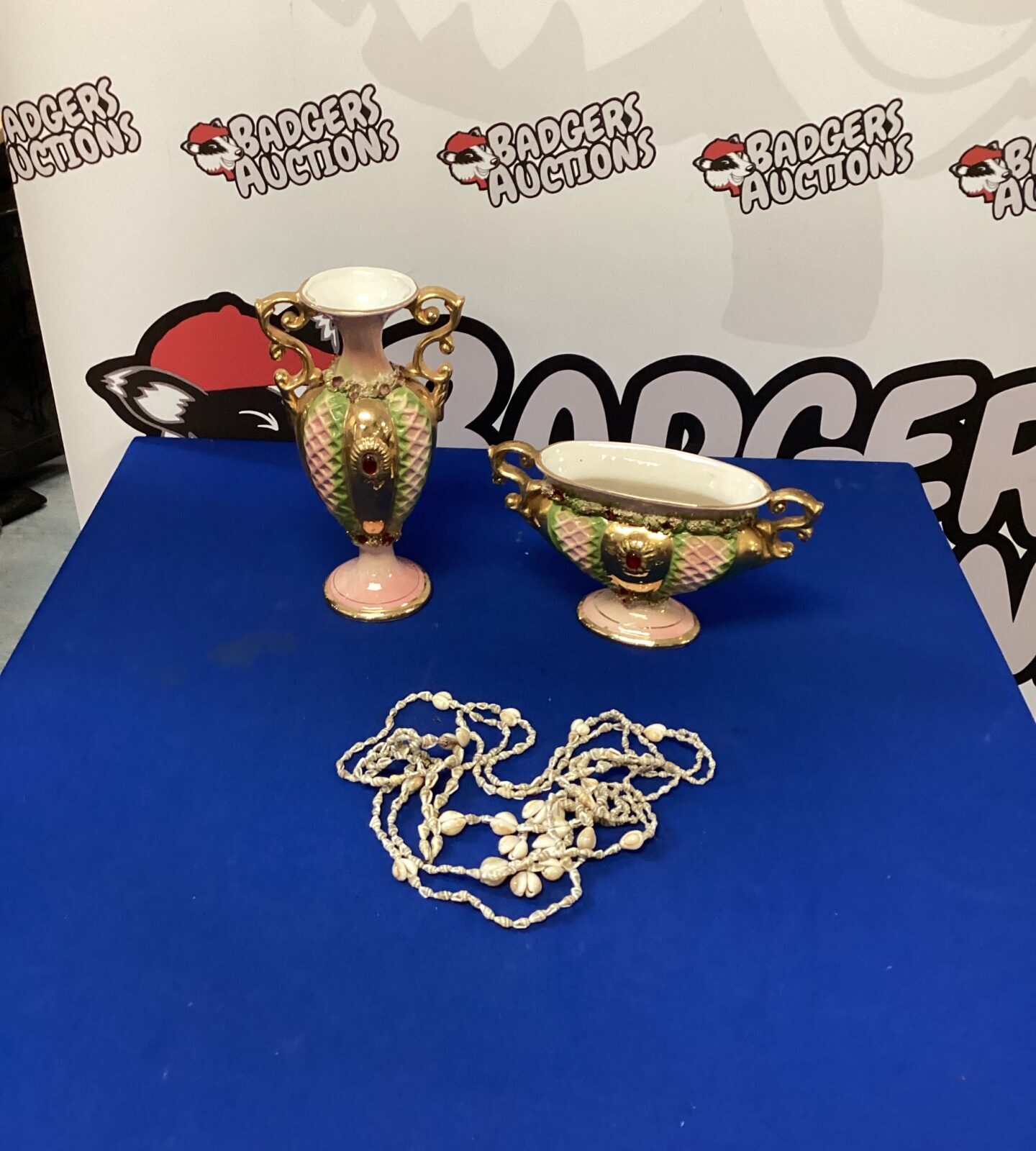 Two Italian Porcelain Vases with seashell necklace