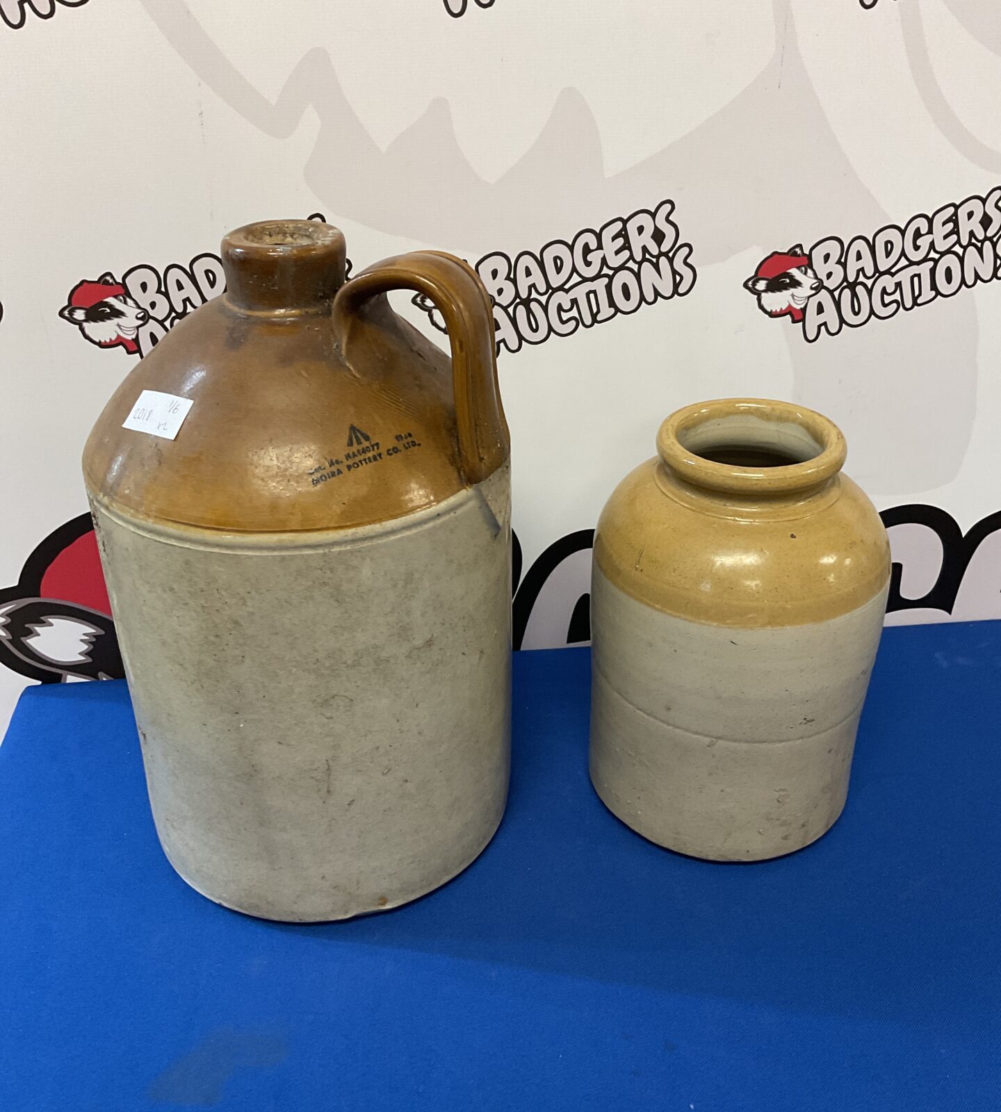 vintage moira pottery military mark salt glazed flagon & jar