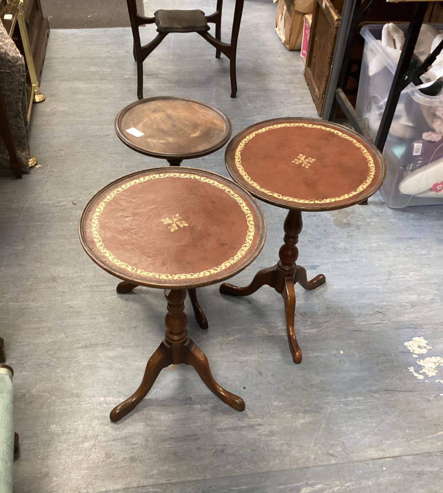 Three vintage telephone tables inc two leather topped