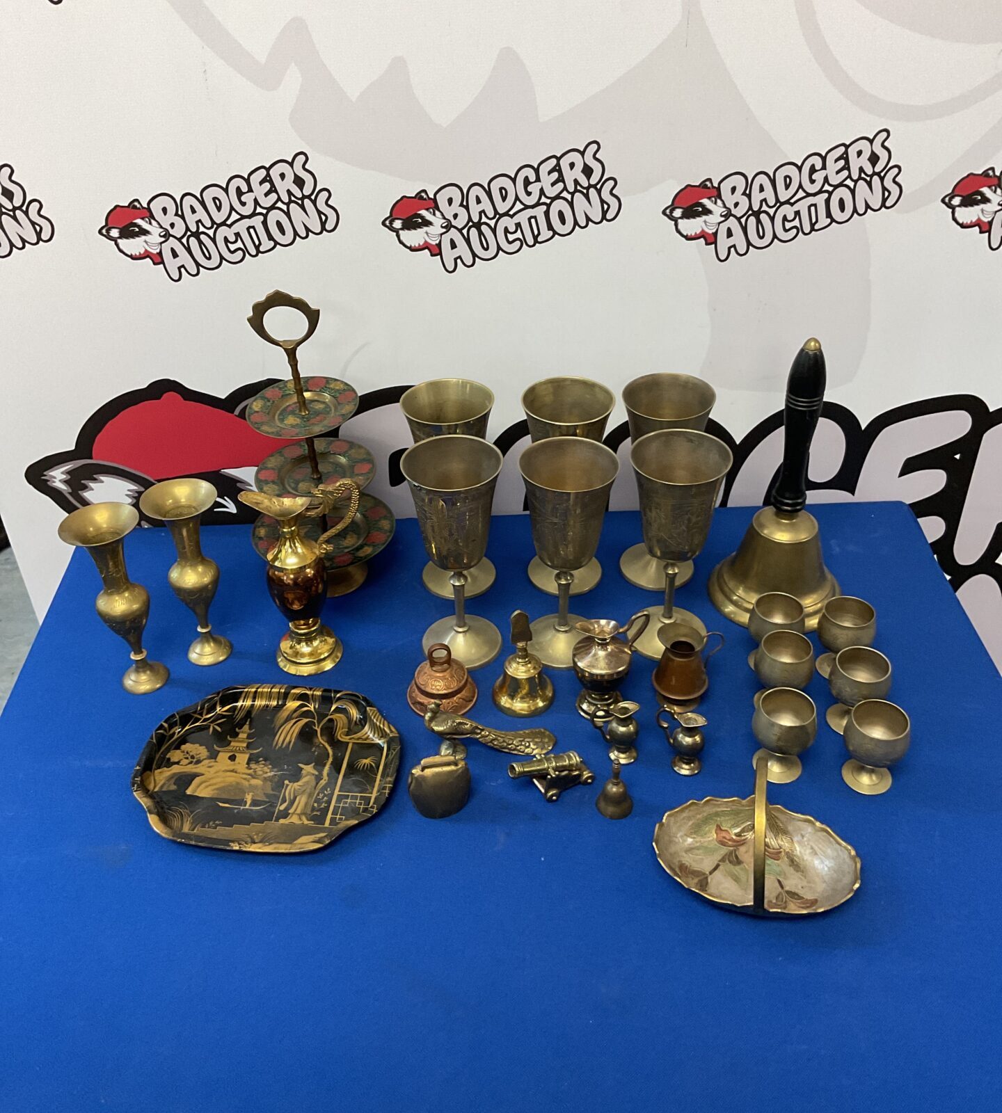 Box of brassware & silver plate including hand bell