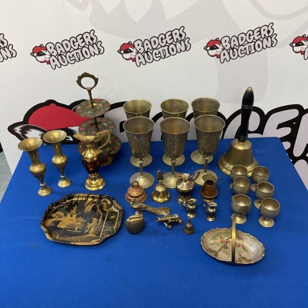 Box of brassware & silver plate including hand bell