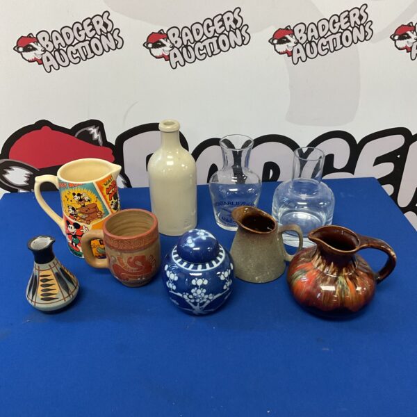 Tray of mixed jugs & vases including disney jug & chinese ginger jar