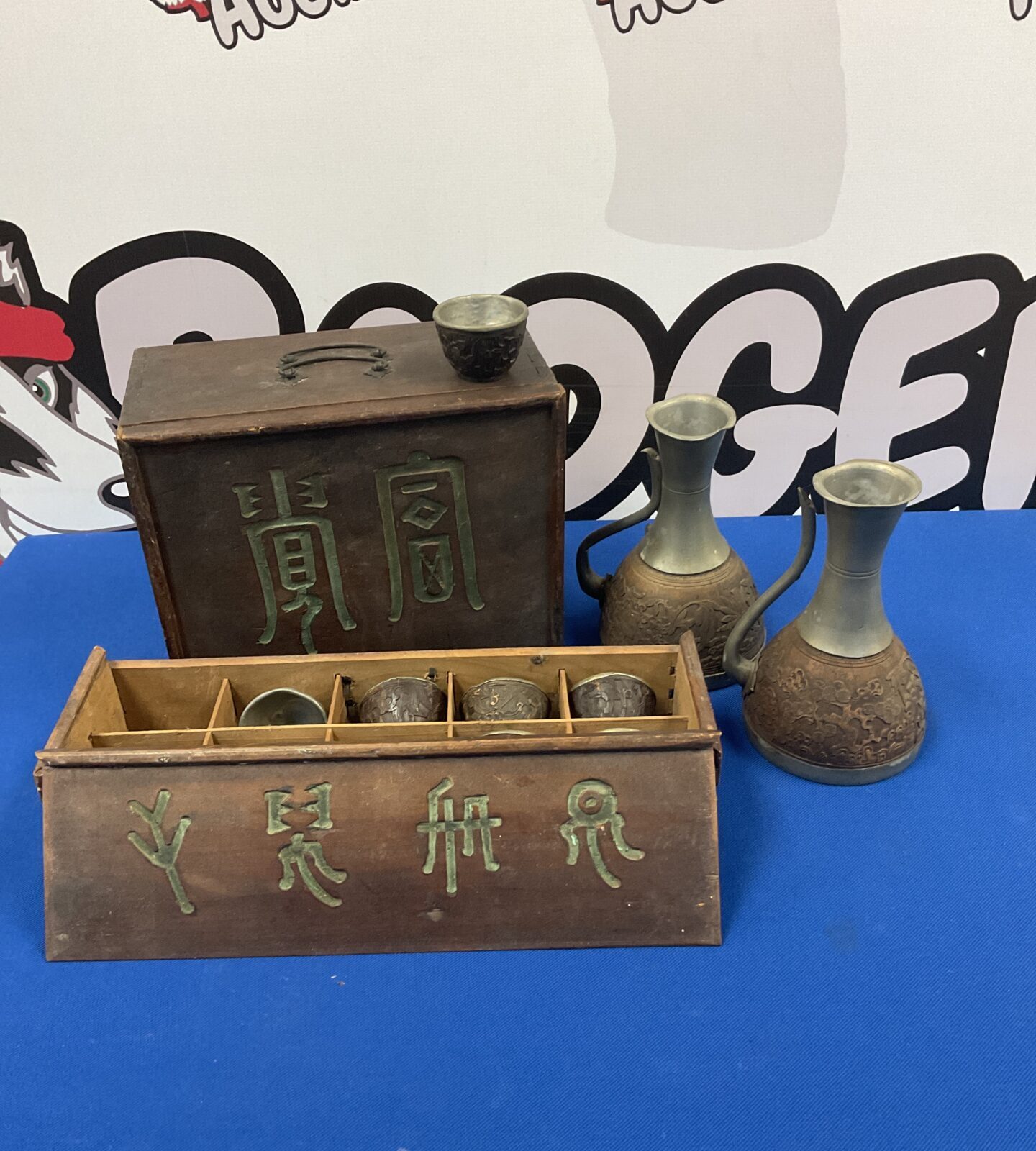 Antique Chinese carved shell saki cups & decanters