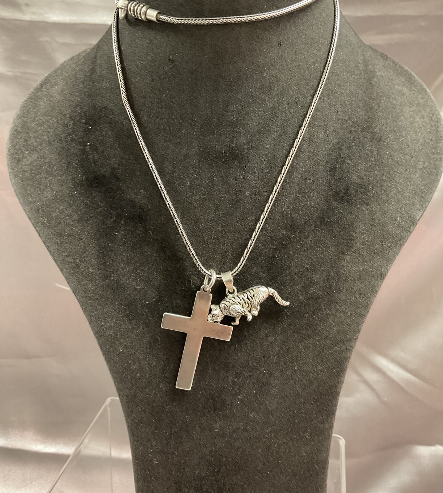 Articulated Silver Tiger pendant and cross On Snakelink chain 24” necklace