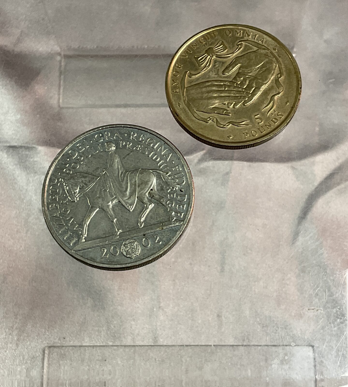 Two five pound coins 1997 Gibraltar and 2002