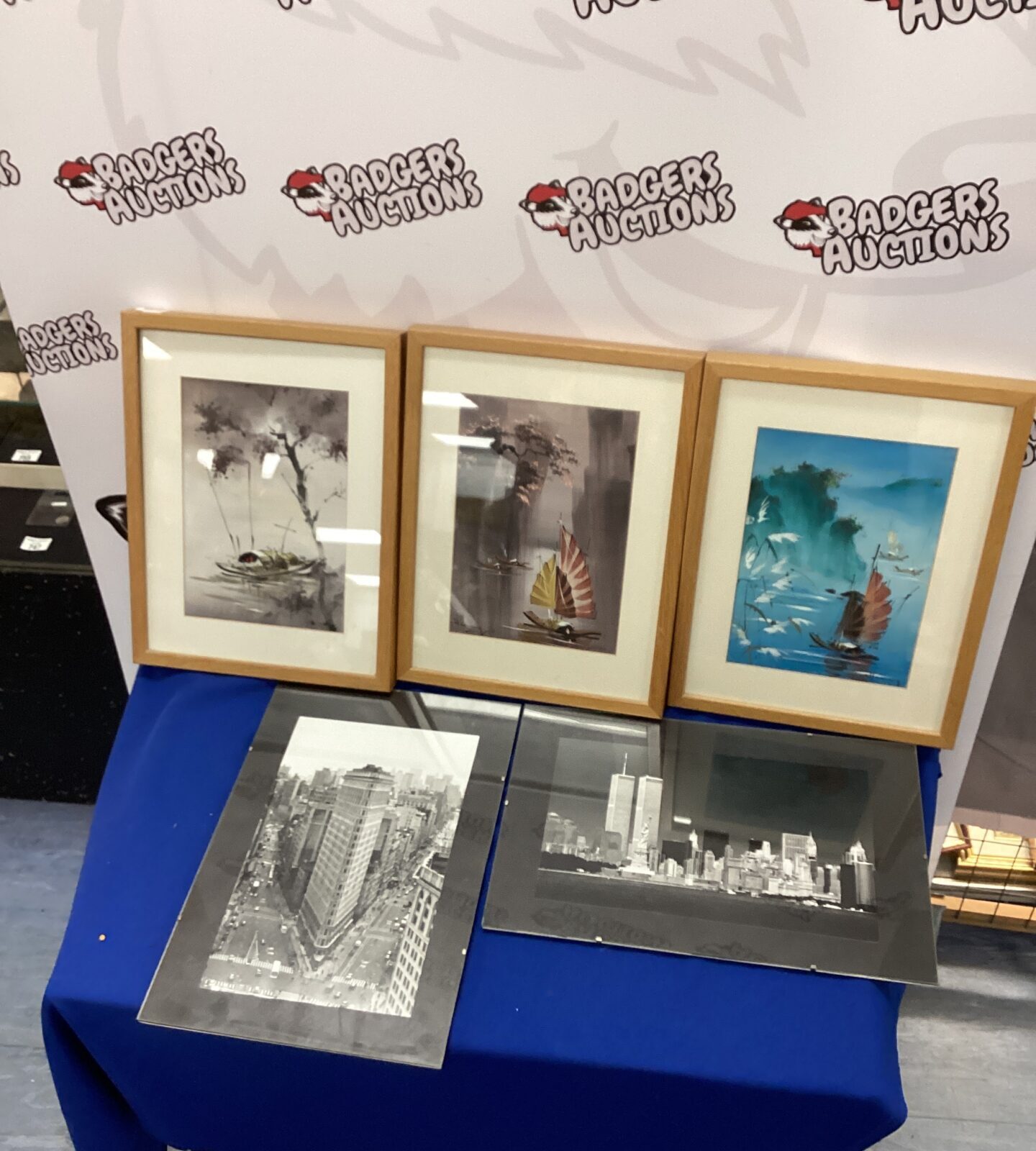 Three Framed Japanese Prints with two photographs of New York