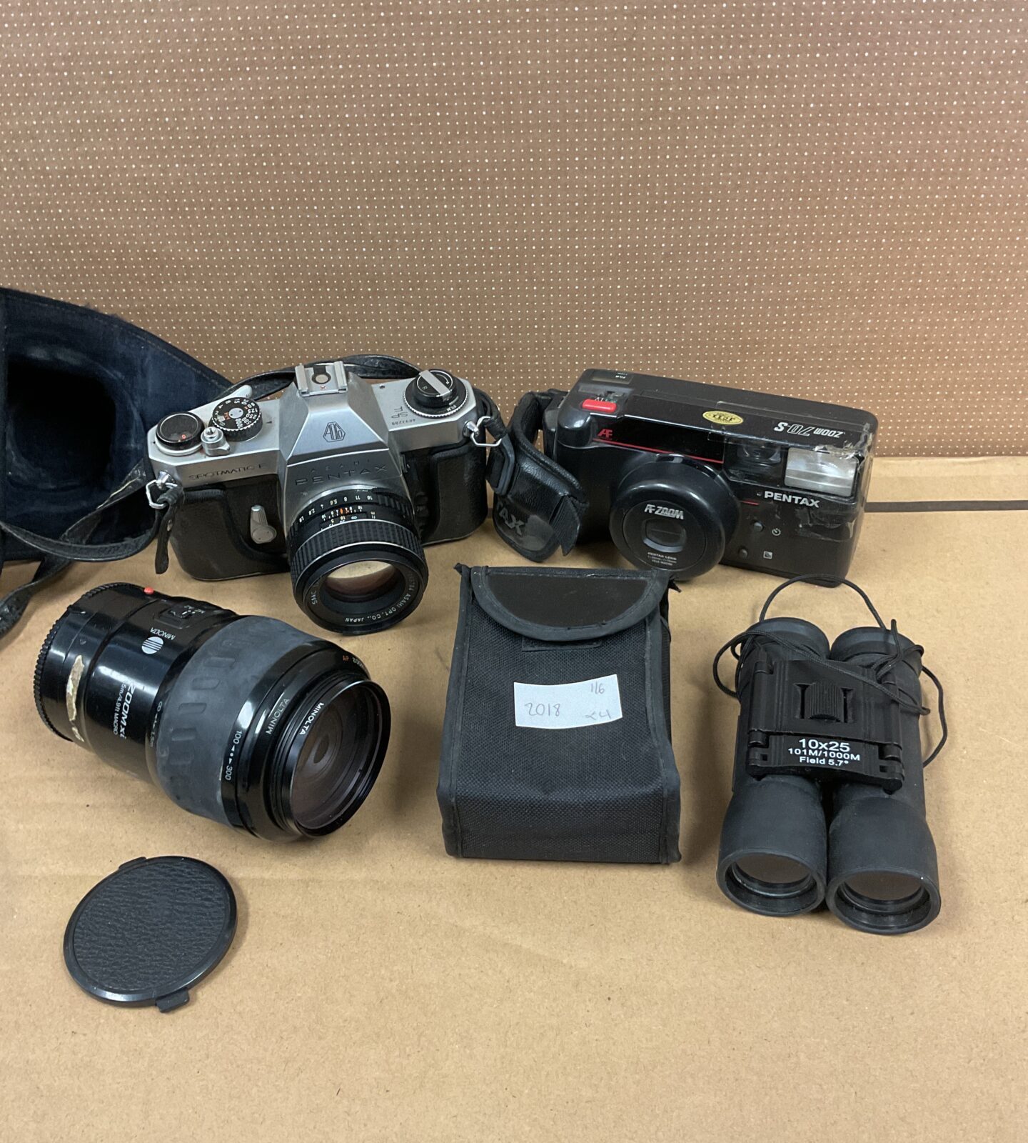 Selection of cameras, lenses & binoculars inc pentax sportmatic f