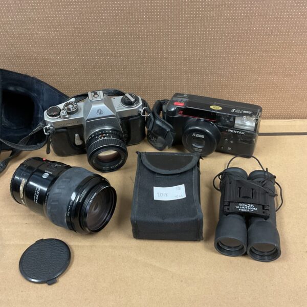 Selection of cameras, lenses & binoculars inc pentax sportmatic f