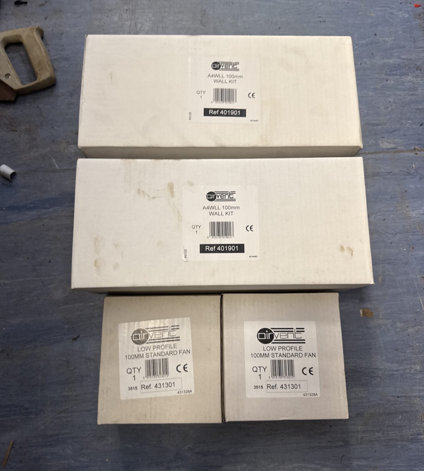 Two airvent 100mm low profile extraction fans with wall kits