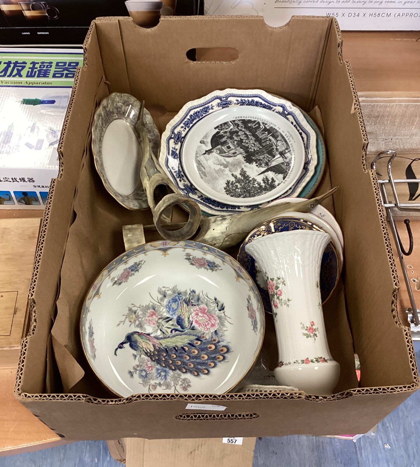 Box of mixed china & two horn egrets