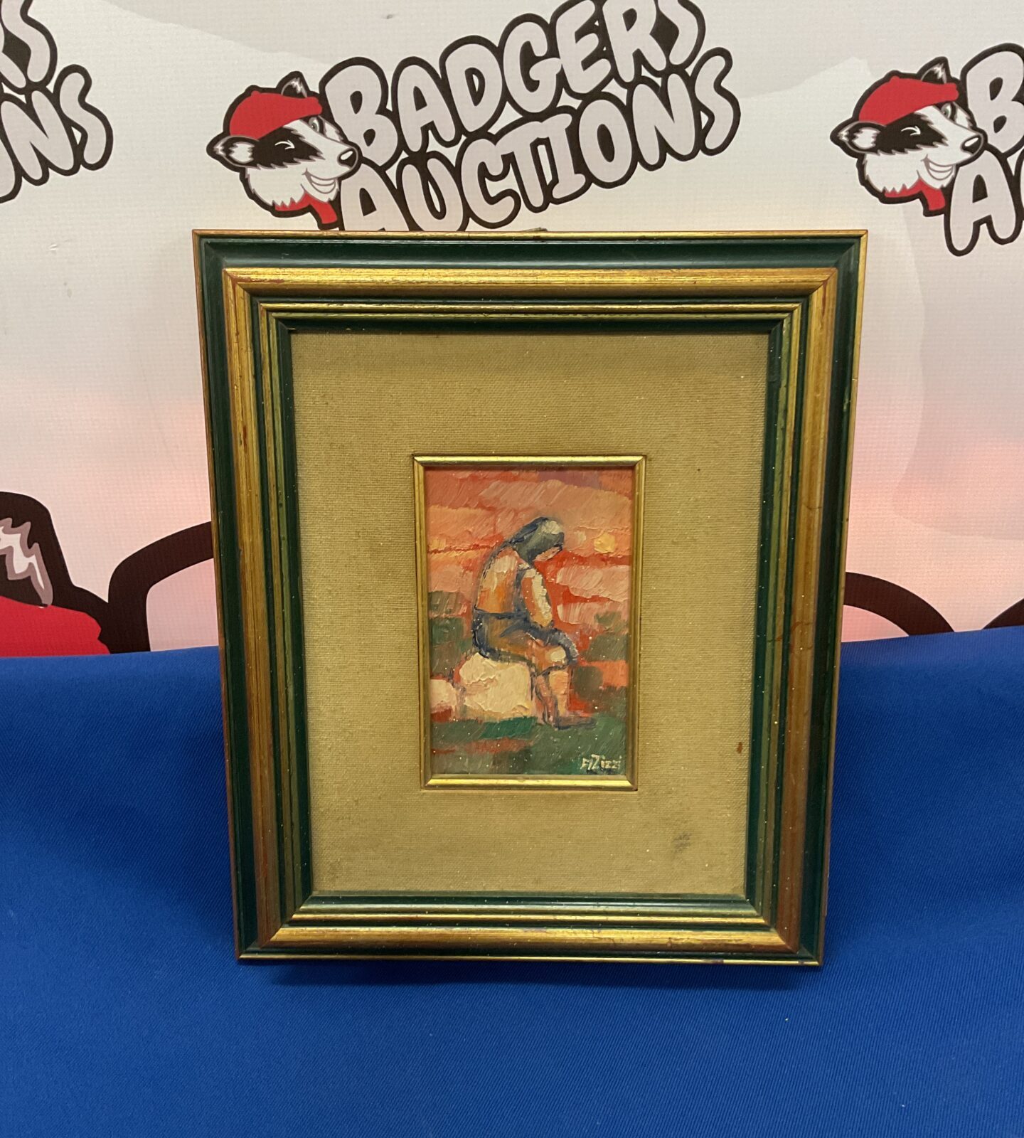 Original azizzi signed miniature oil painting of a lonely seated figure
