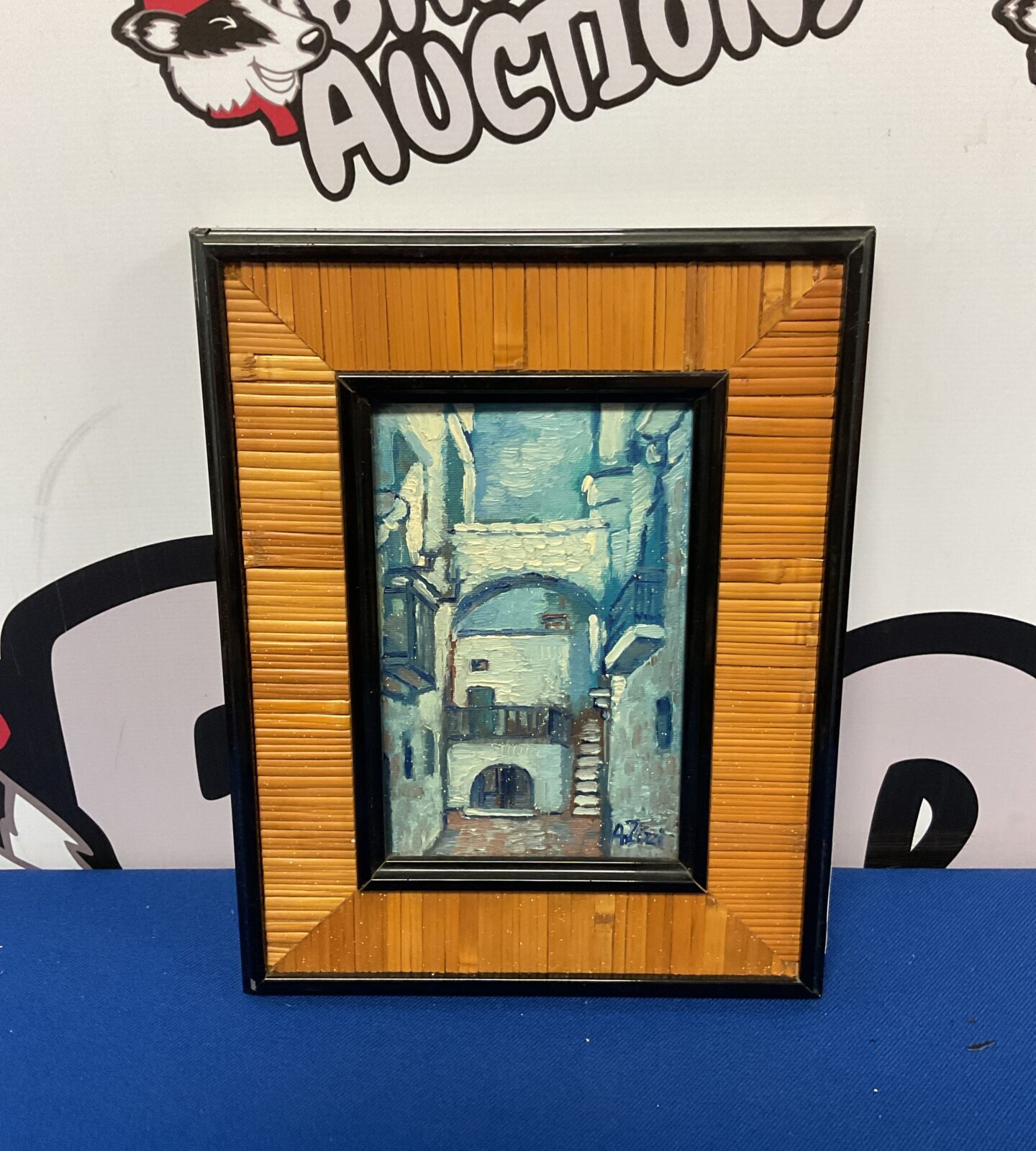 Original azizzi signed miniature oil painting of a Mediterranean street scene at night