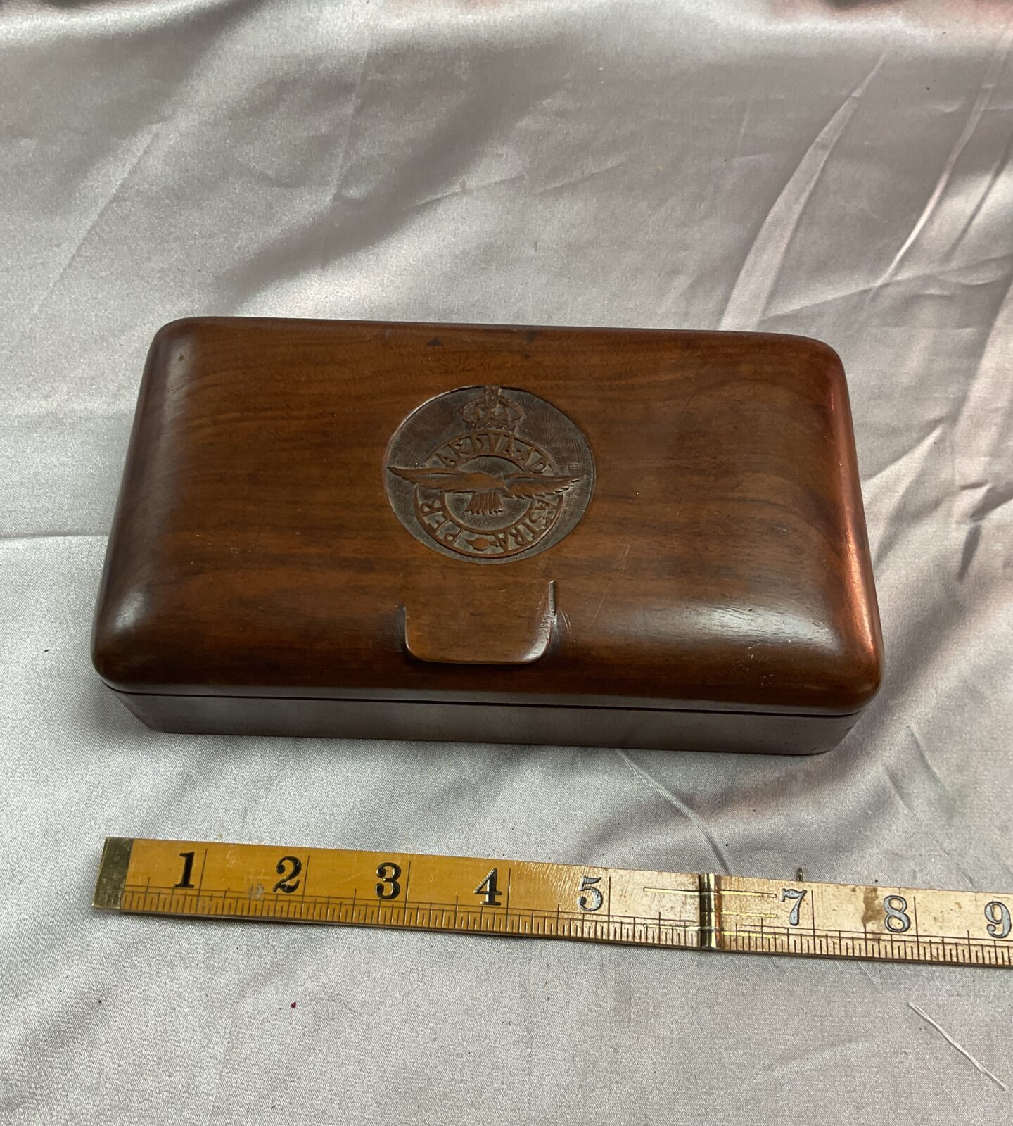 W W 2 Hand Carved From Solid Mahogany  R A F Cigarrette Box