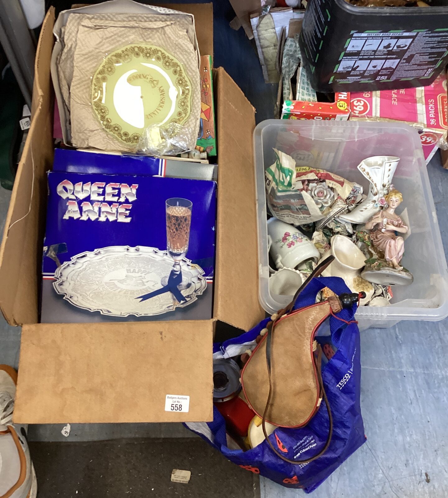 Mixed house clearance lot inc mixed china, queen anne anniversary serving tray & drinking flask