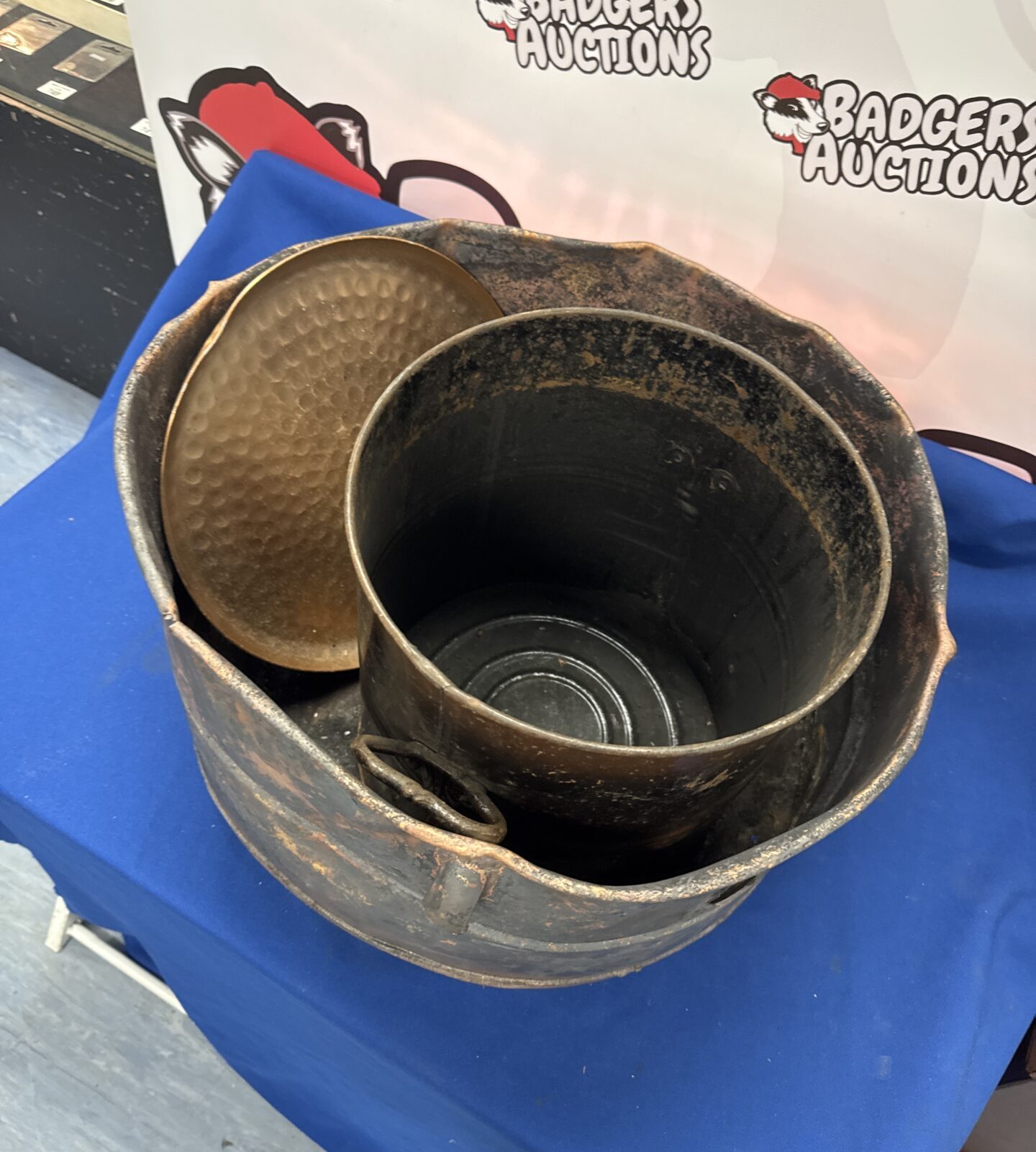Vintage copper tank with bin & a tray