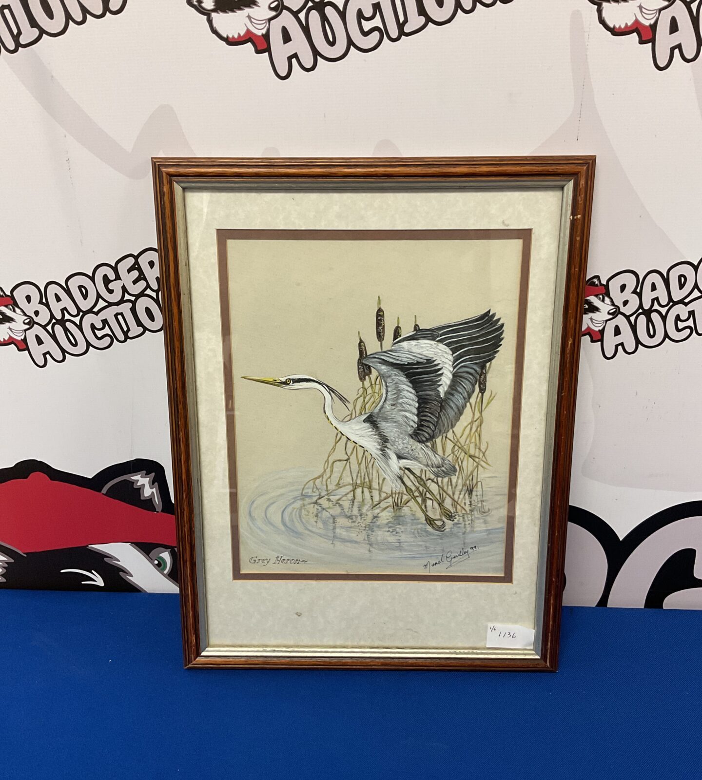 Michael gridley framed watercolour of a grey heron