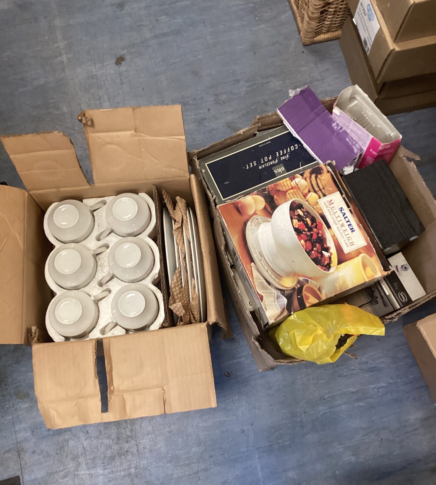 Two boxes of mixed inc cups, plates & mixed kitchenware inc weighing scales
