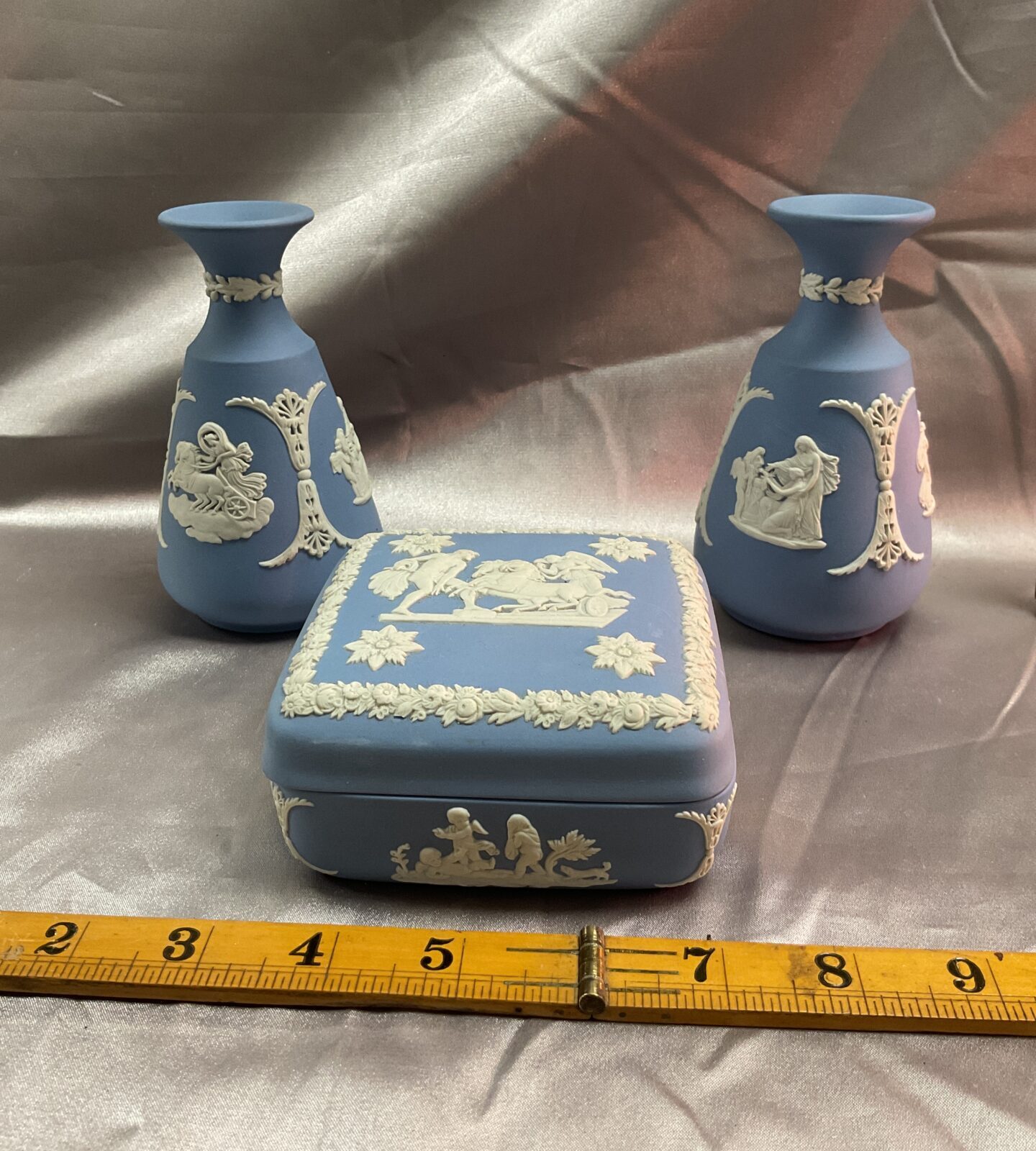 Two Blue Wedgewood Jasperware vases and Trinket Pot