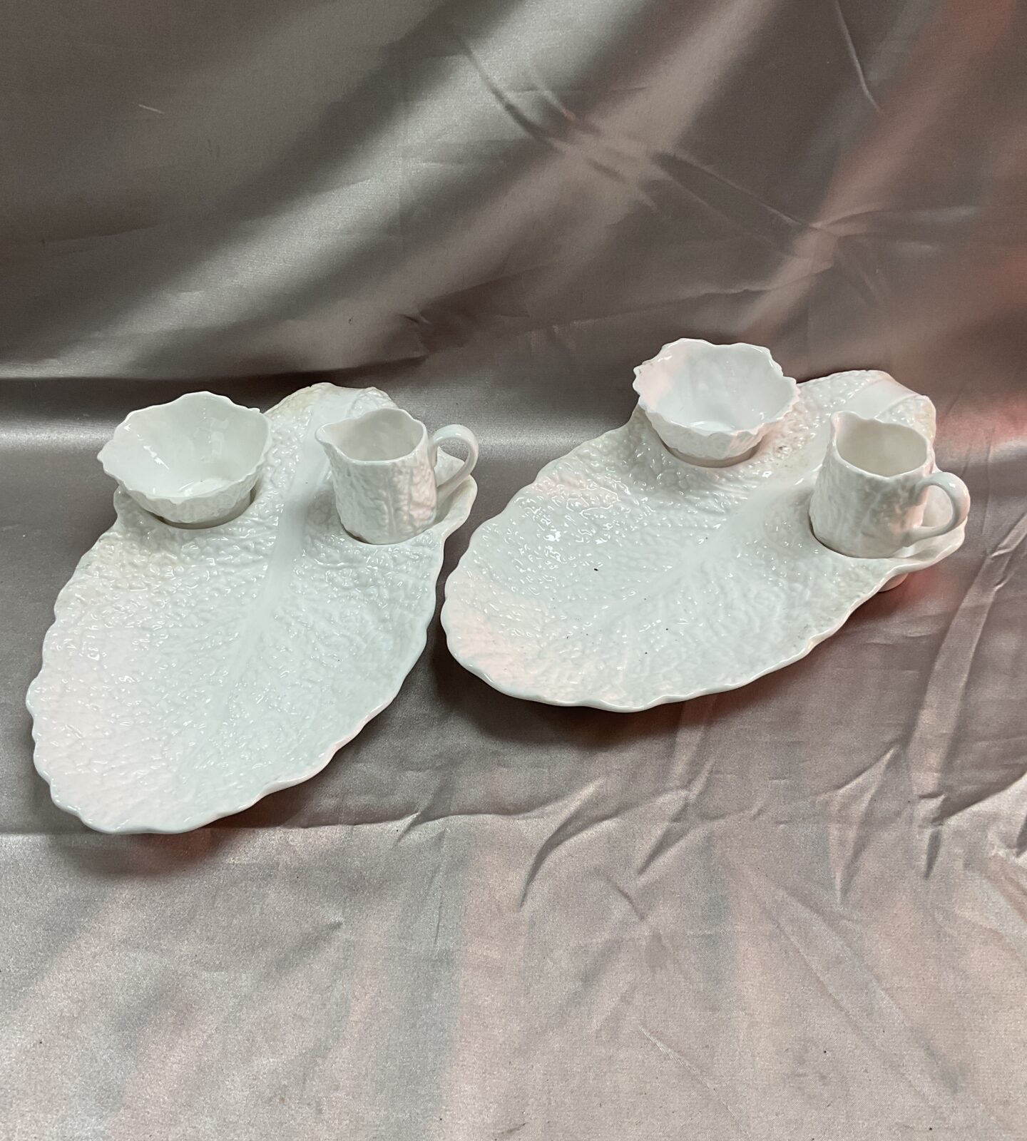 Two Vintage Spode Savoy White 3 Piece Cabbage Berry Sugar,Creamer Platter Sets