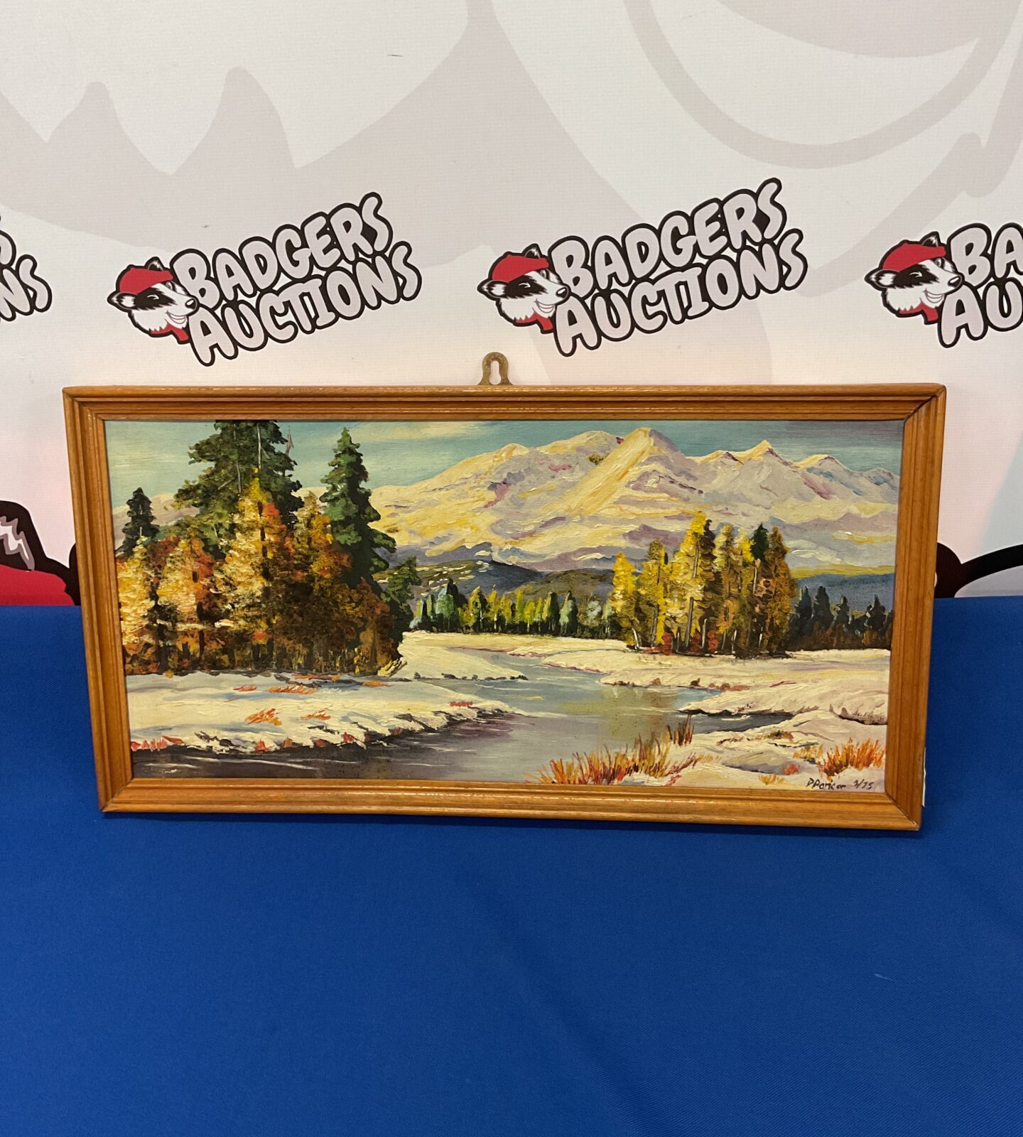 Oil painting of a mountain river scene signed p parker