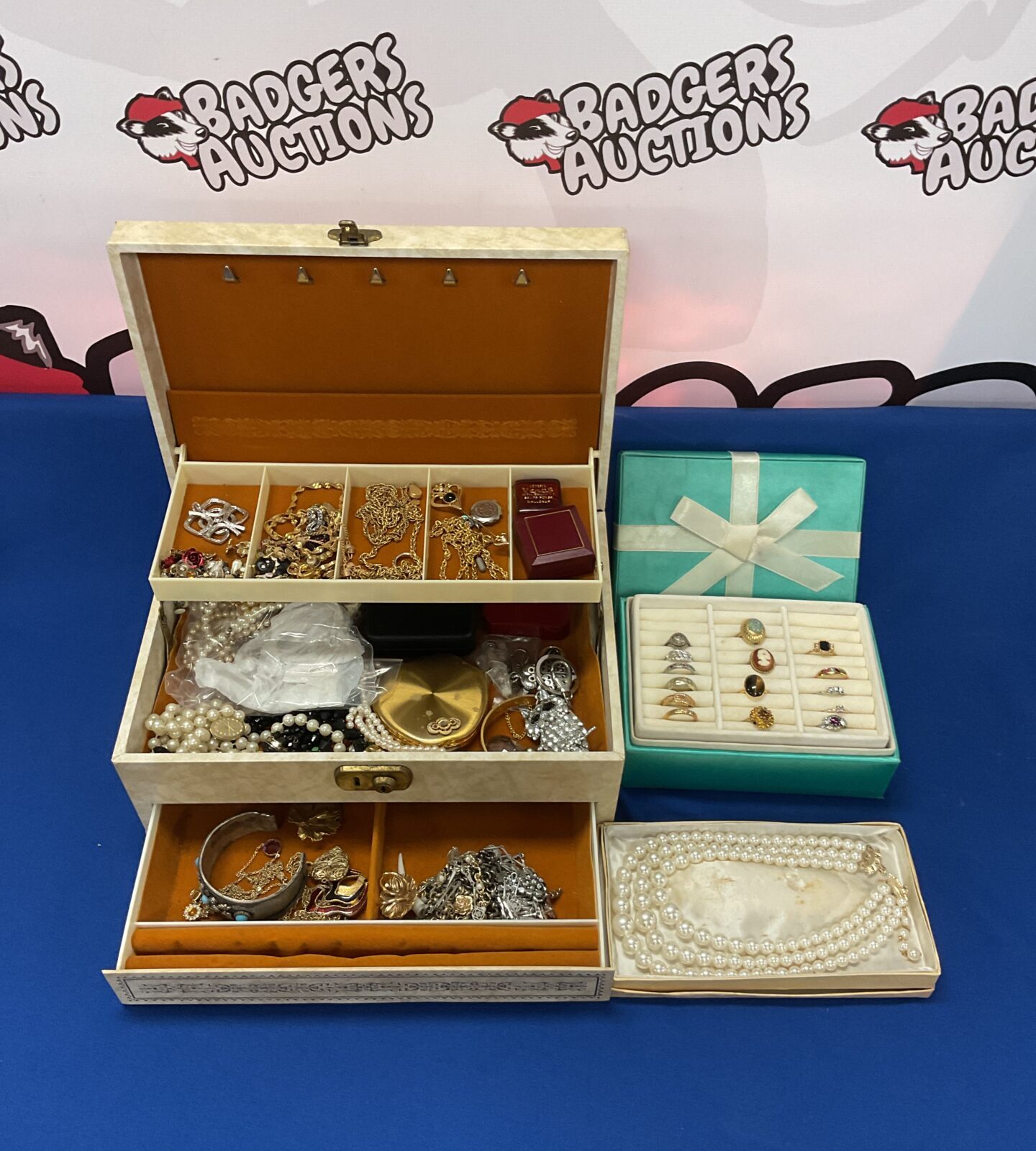 Box of costume jewellery & box of dress rings