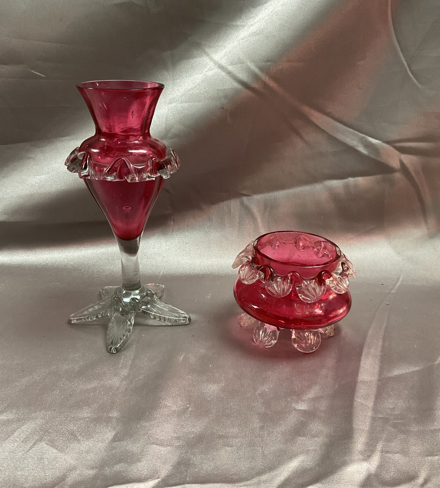Victorian 6” Cranberry Glass Vase And Bowl