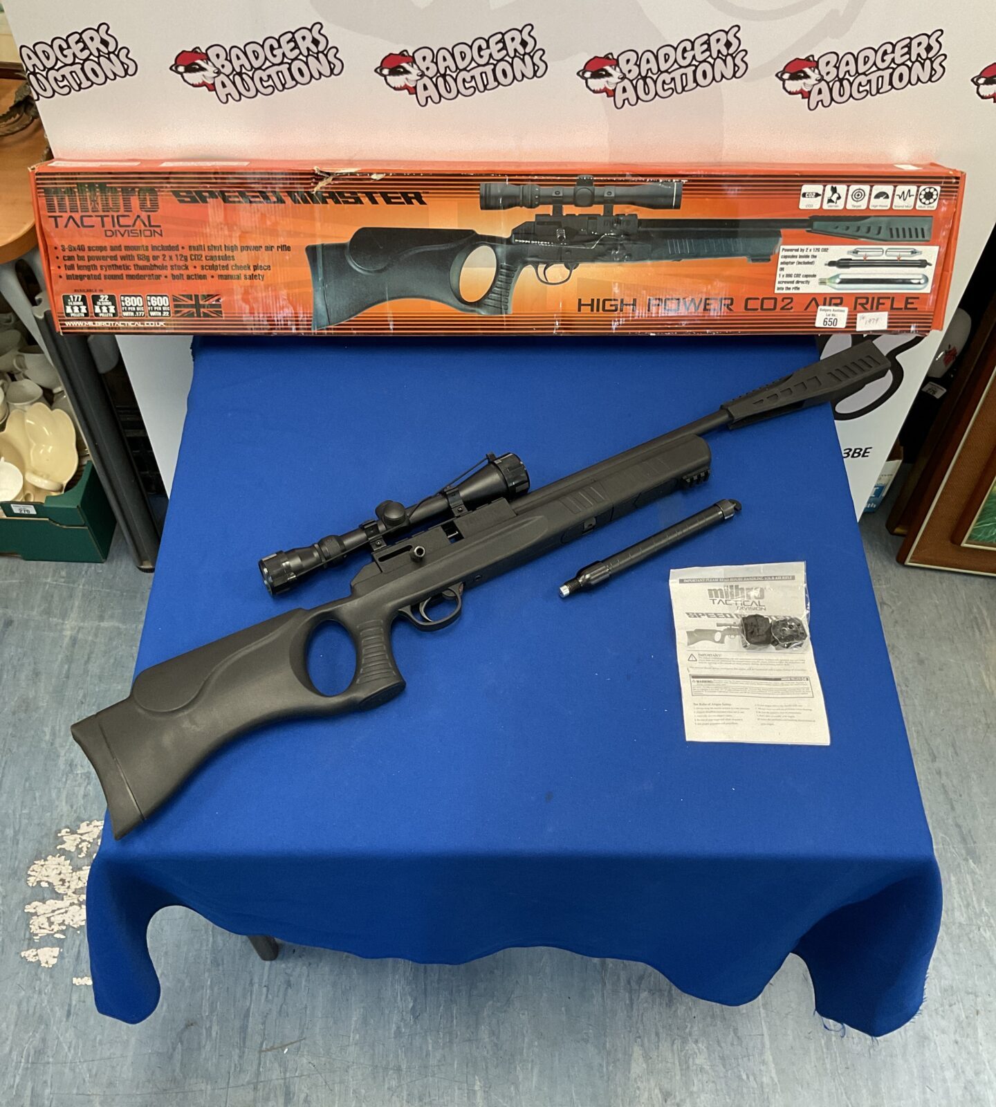 Milbro speedmaster tactical division 22cal co2, bolt action air rifle with 3-9x40 scope, magazines and co2 canister