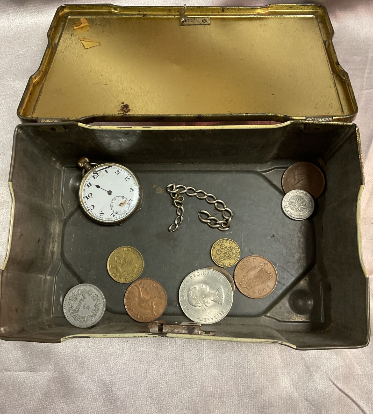 Vintage tin with silver fob Watch and chain and coins