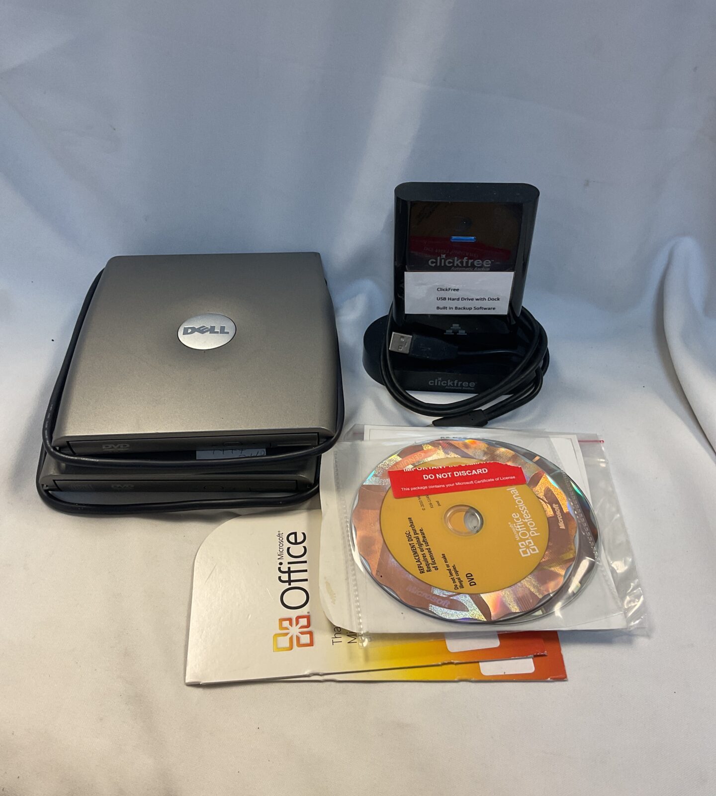 Clickfree usb hard drive with 2 dell external dvd drives & Microsoft office software