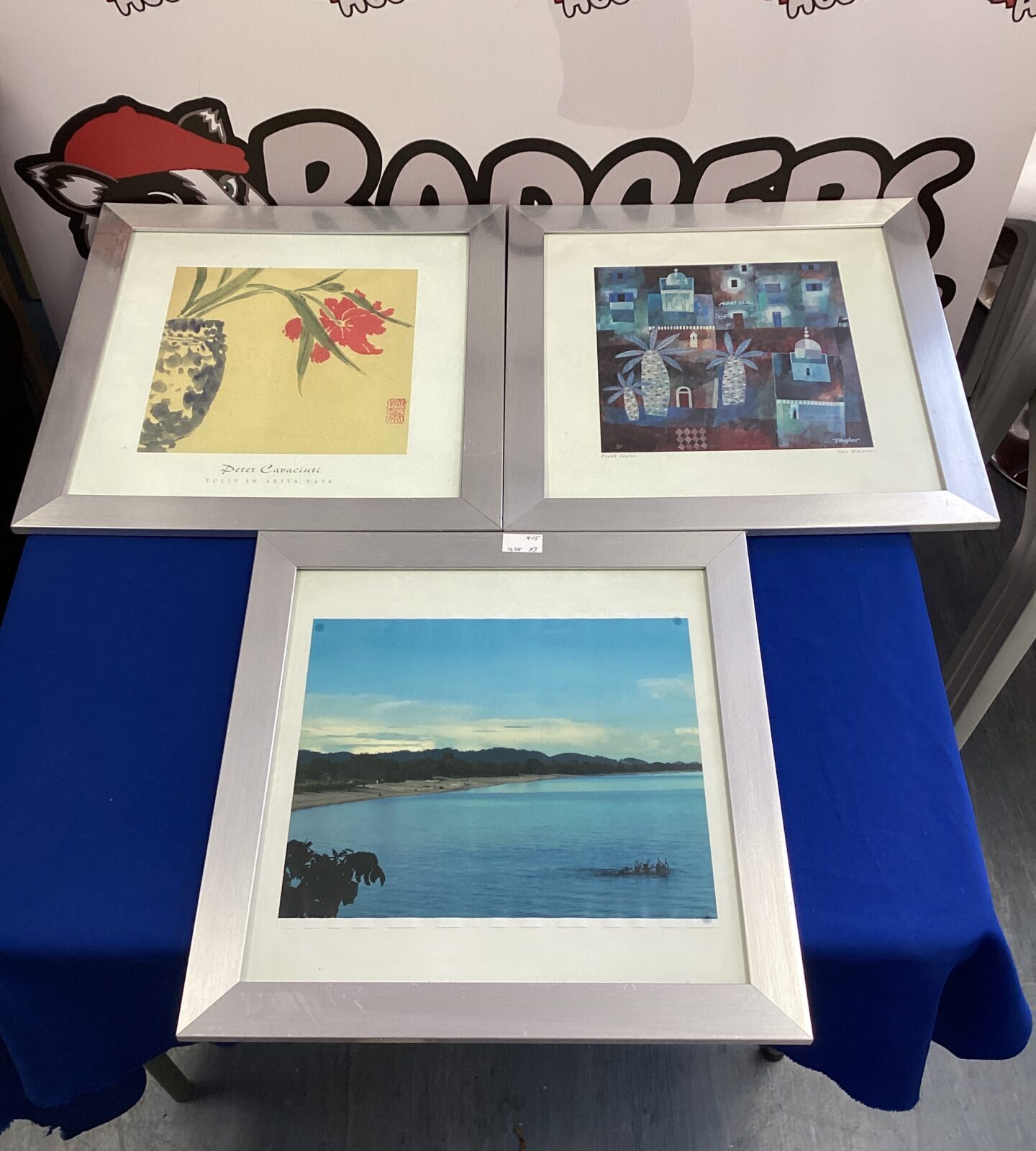 three silver framed prints inc floral prints