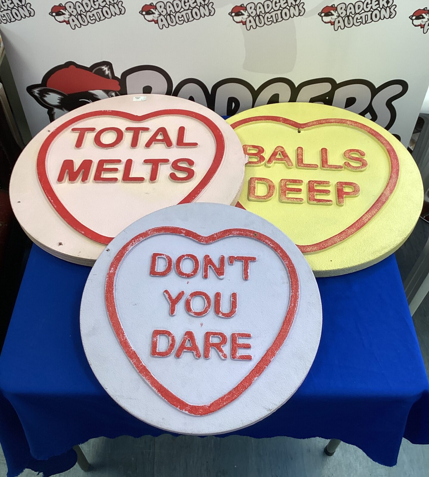 Three adult themed love hearts inc balls deep, total melts & dont you dare