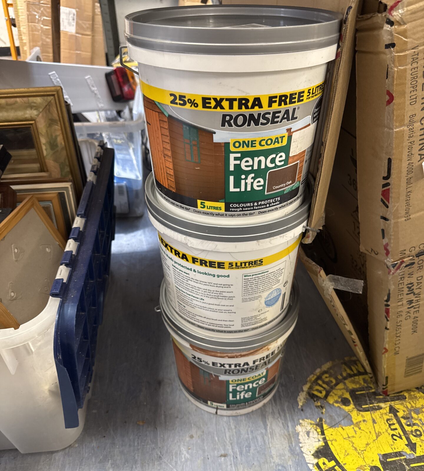 Three tubs of country oak ronseal fence paint - two appear new/sealed