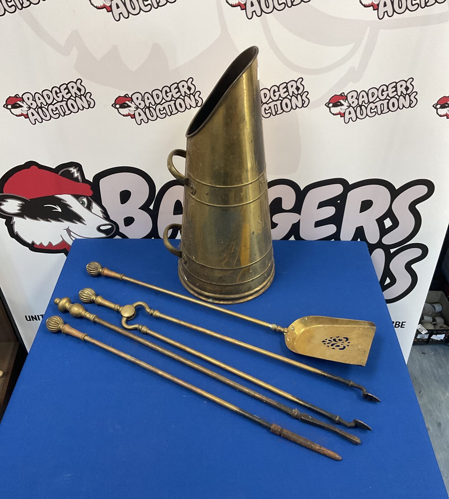 Vintage brass coal scuttle & fireplace tools