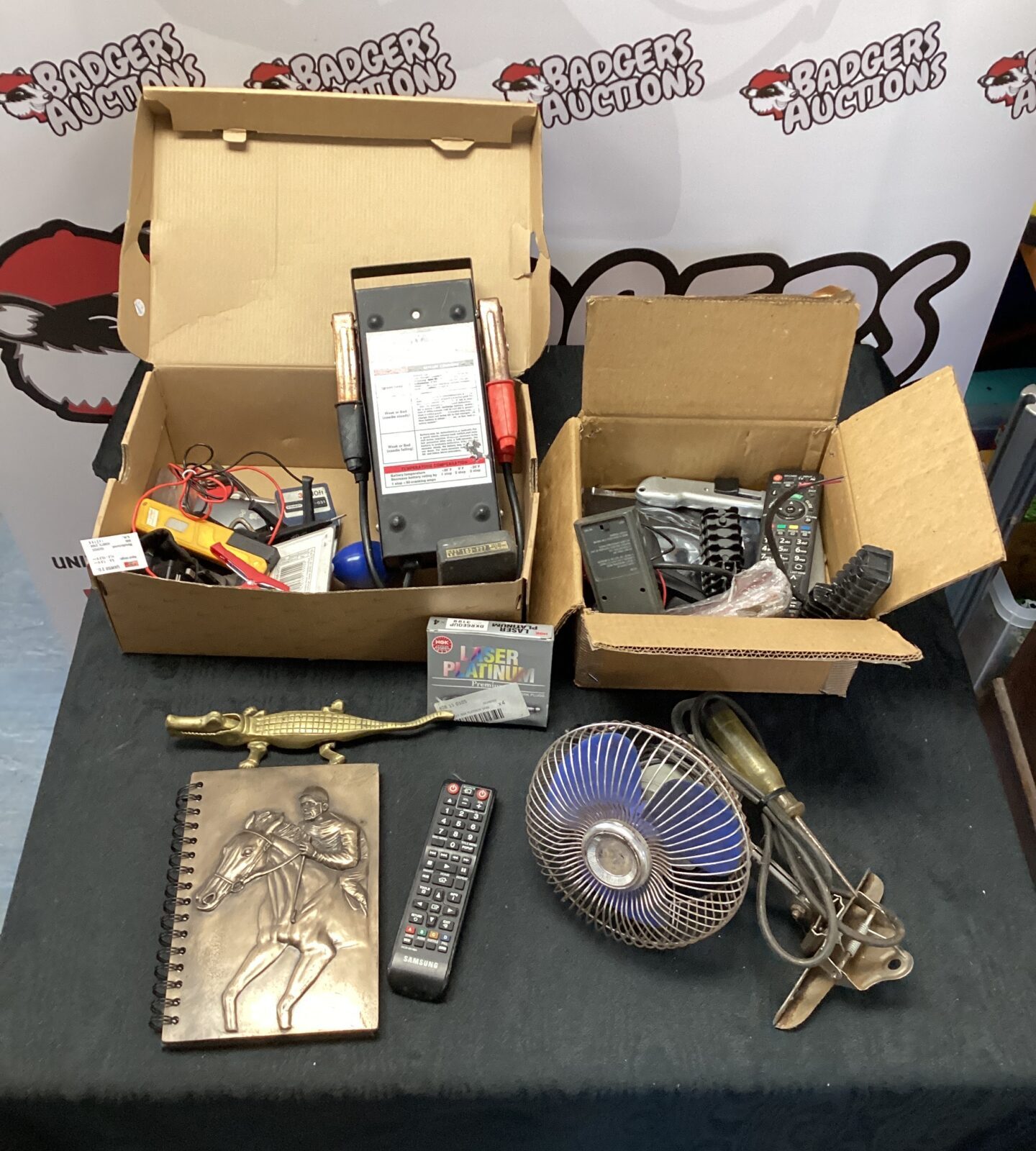 two boxes of mixed inc battery testers & brass crocidile & led lighting strips